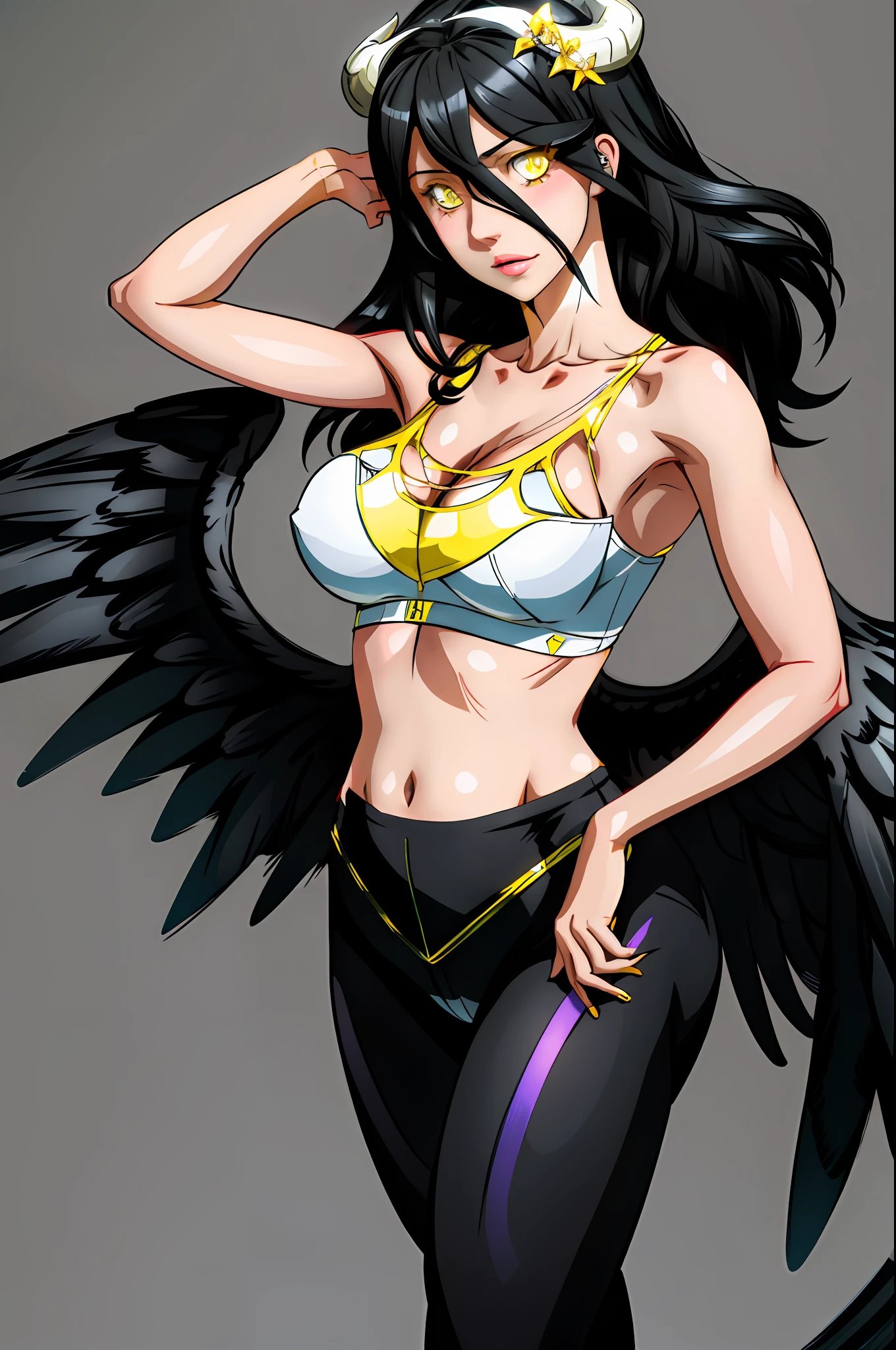 1girl, highres, sharp focus, pixiv masterpiece, ((intricate details)), highly detailed, one eye, detailed eyes black hair, fair skin, yellow eyes, sharp cat eyes, long hair, black angel wings, white horns Albedo, Albedo from overlord,costume: sportswear, leggings, sports bra, clothes in white and black colors with yellow details,joy ride style, ilya kuvshinov,