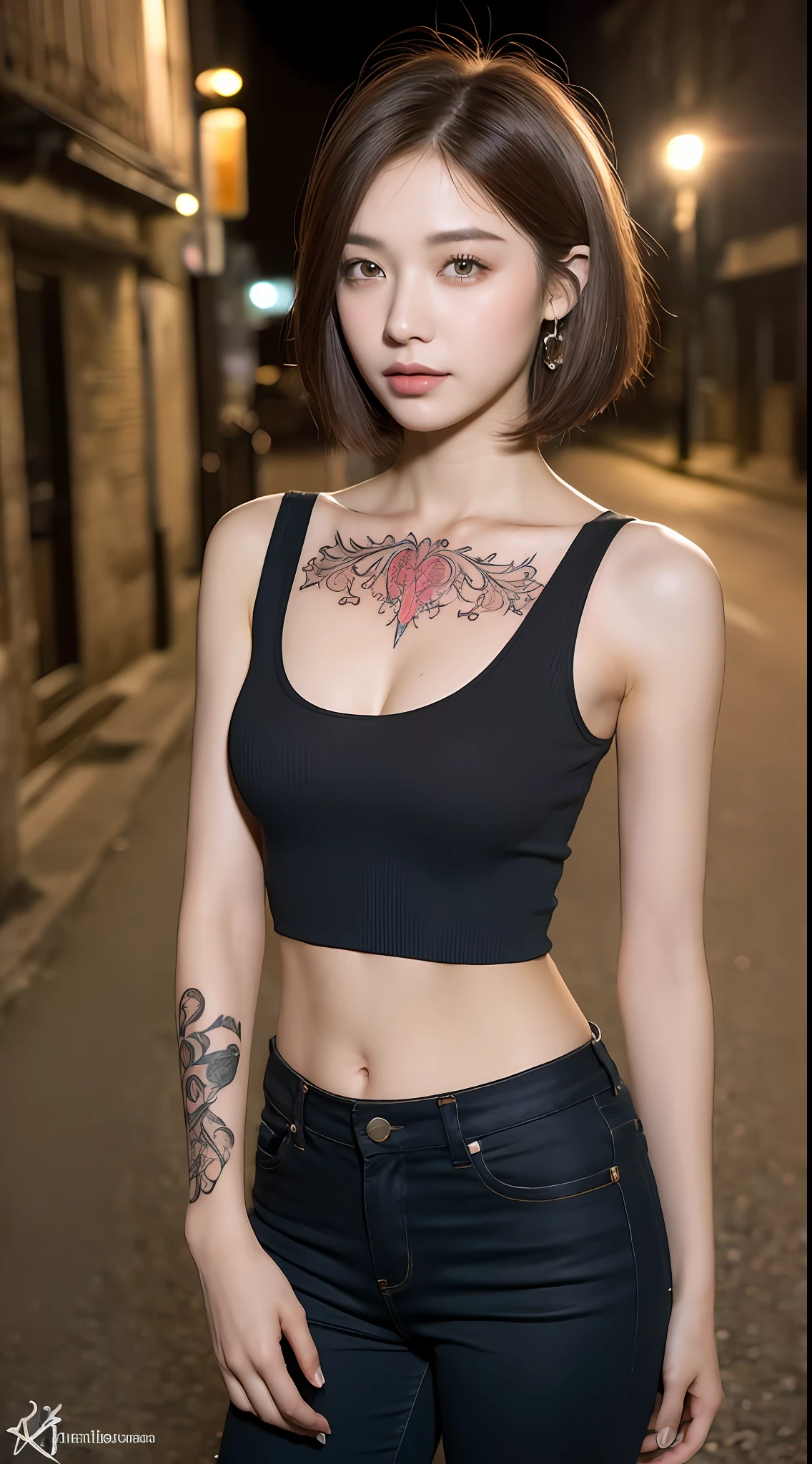 (night, soft lighting, top quality, 8k, masterpiece, raw photo: 1.3),mysterious, beautiful young woman, fantasy, red colored eyes, slender eyes, narrow eyes, symmetrical eyes, (highlight color hair, short cut hair, bob cut hair style), earrings, thin bracelet on wrist, (full body, sleeveless shirt, tank top, shirt with buttons, Tight pants: 1.2), super detailed, intricate details, highly detailed face and skin tone, slim body, (body full body tattoo, tattooed all over body), detailed eyes, realistic, makeup, intellectual, bewitching, beautiful standing figure, small breasts, medieval european cityscape, street at night, invincible smile