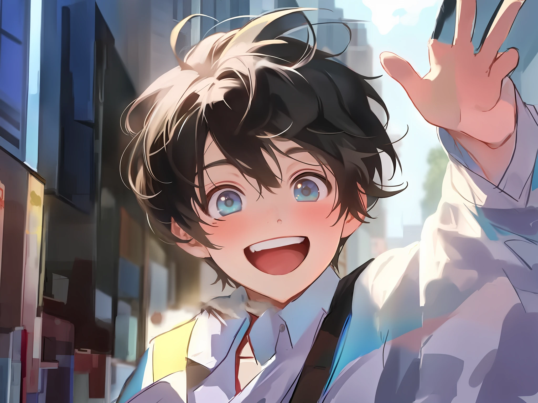 anime boy waving in the street with his hand up, anime boy, [[[[grinning evily]]]], kawacy, cute anime face, anime moe artstyle, high quality anime artstyle, perfect anime face, smileing nright, cute natural anime face, grinning lasciviously, tall anime guy with blue eyes