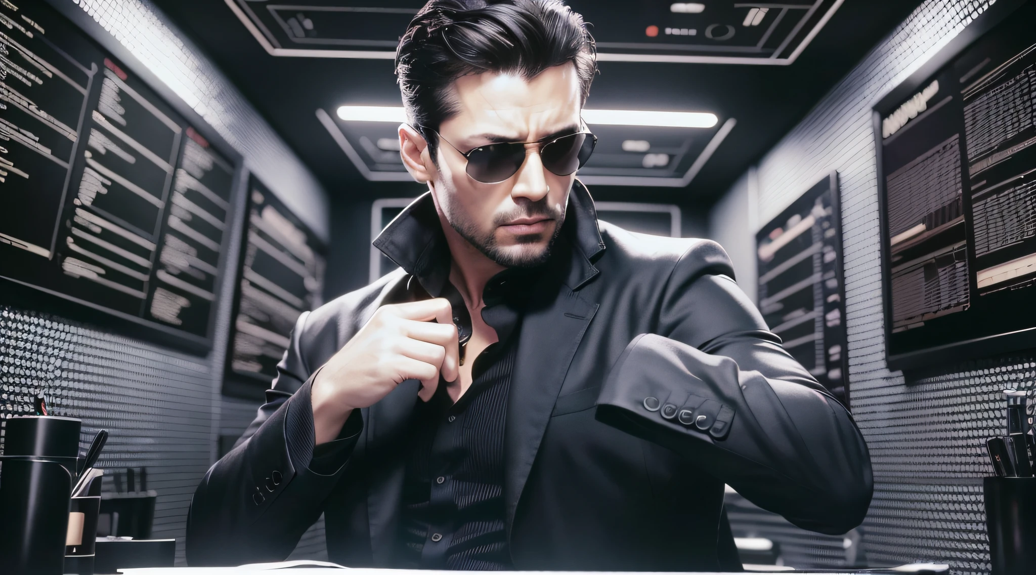 Image of a man in sunglasses and black shirt, from the new movie, 4K comic wallpaper, Matrix, Matrix Lut, no text, science fiction, Neo from The Matrix, Matrix Movie Color Grading.