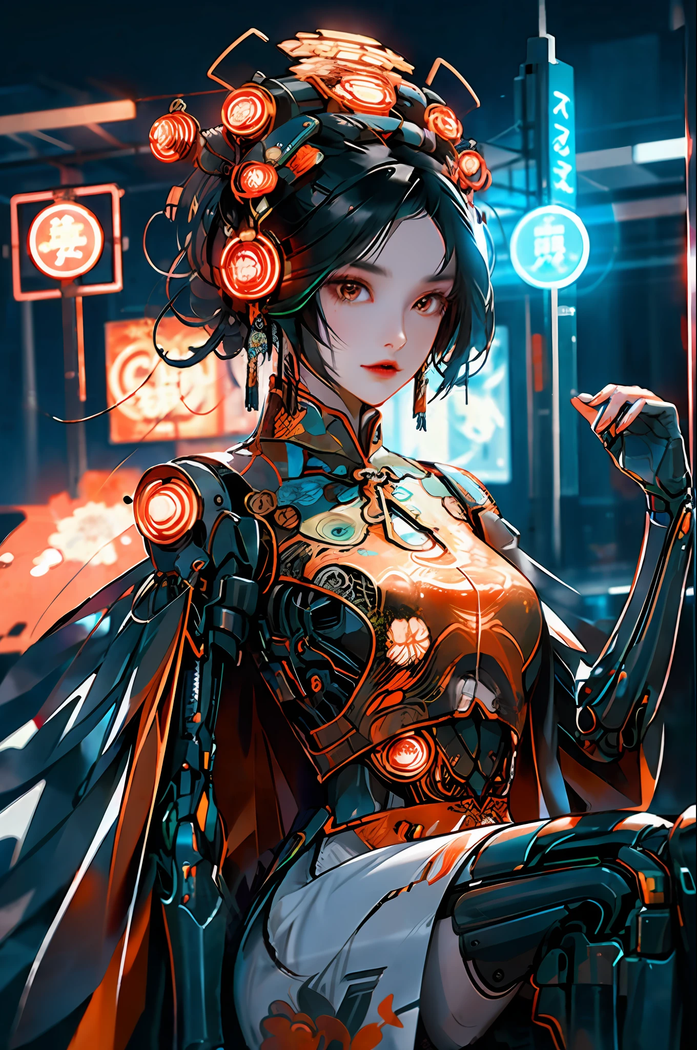 1 girl, Chinese_clothes, black and orange, cyberhan, cheongsam, cyberpunk city, dynamic pose, headwear, hair accessories, long hair, cyberpunk, high-tech city, full of mechanical and futuristic elements, futuristic, technological, glowing neon, orange, orange light, laser, digital background city sky, big moon, vehicle
