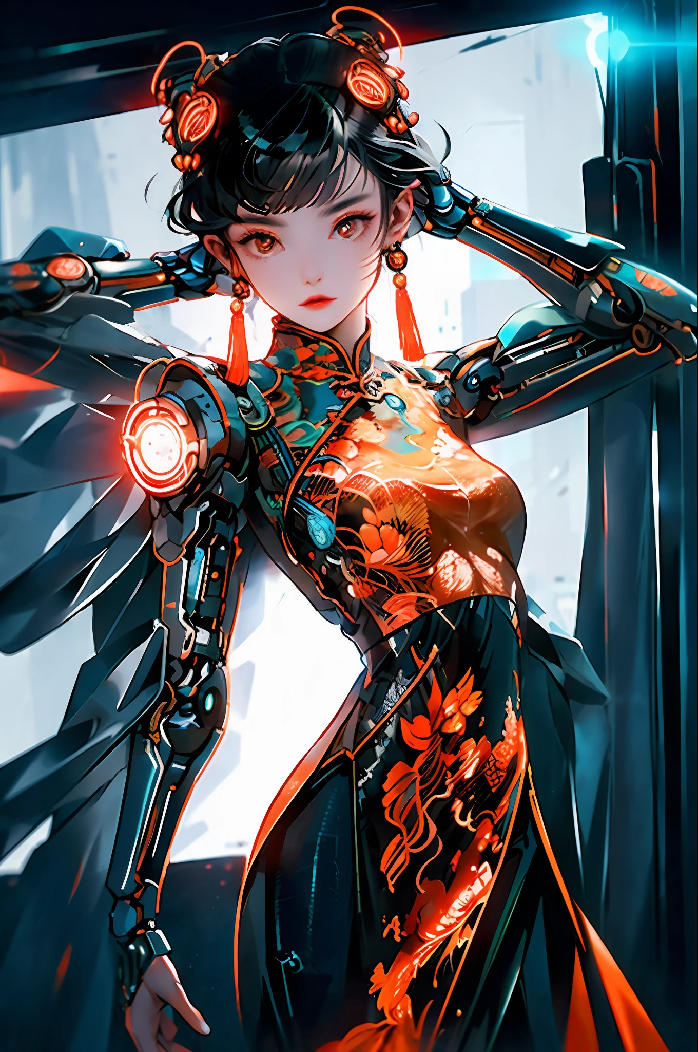 1 girl, Chinese_clothes, black and orange, cyberhan, cheongsam, cyberpunk city, dynamic pose, headwear, hair accessories, long hair, cyberpunk, high-tech city, full of mechanical and futuristic elements, futuristic, technological, glowing neon, orange, orange light, laser, digital background city sky, big moon, vehicle