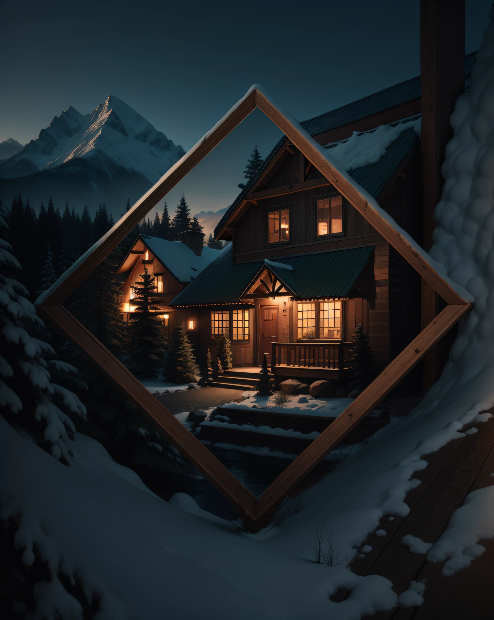 "Imagine a cozy house surrounded by mountains and pine trees, with a calm and serene atmosphere." --auto --s2