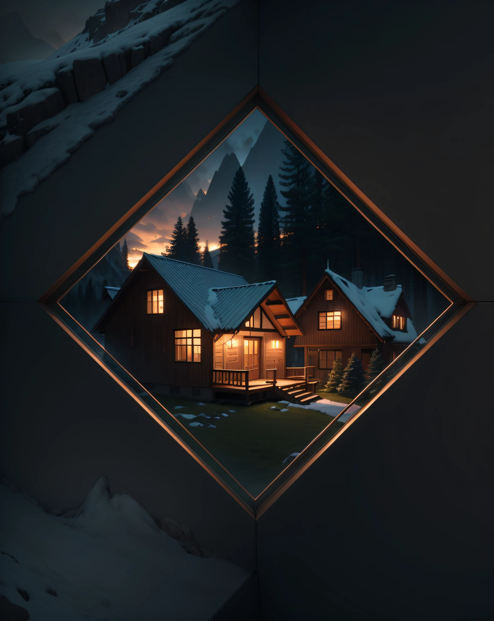 "Imagine a cozy house surrounded by mountains and pine trees, with a calm and serene atmosphere." --auto --s2