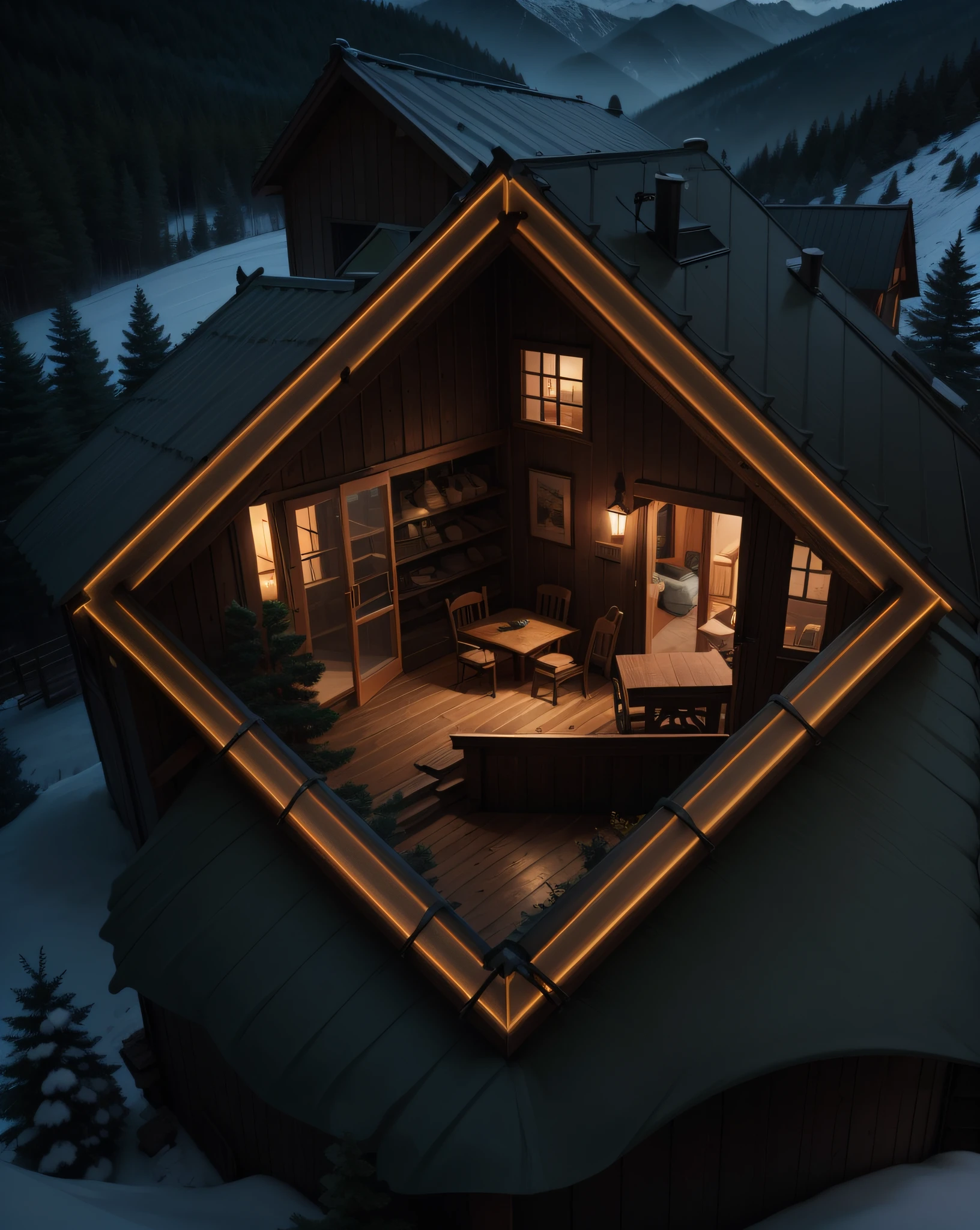"Imagine a cozy house surrounded by mountains and pine trees, with a calm and serene atmosphere." --auto --s2
