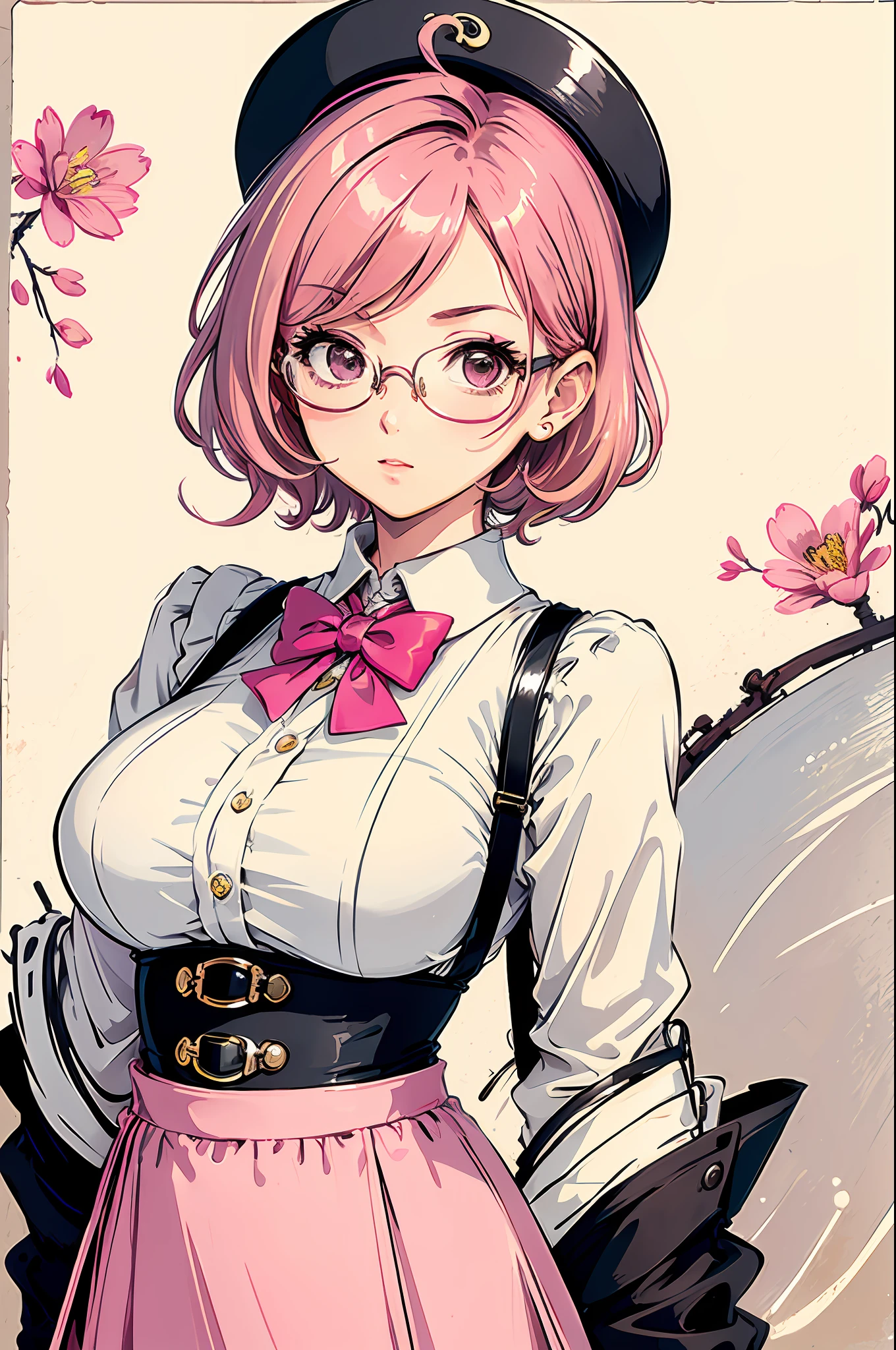 (masterpiece:1.2, best quality), (dinamic lighting) 1lady, solo, short hair, big breasts,  (shiny skin:1.2), upper body, monocle, glasses, modern, wavy pink hair,Suspenders, flower on ear, harajuku style, hair pin, loli ,ahoge
