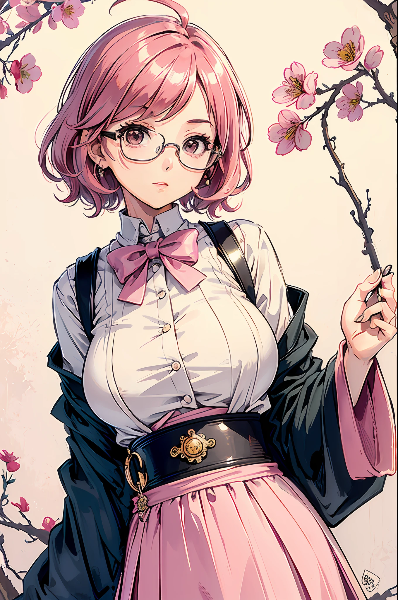 (masterpiece:1.2, best quality), (dinamic lighting) 1lady, solo, short hair, big breasts, (shiny skin:1.2), upper body, monocle, glasses, modern, wavy pink hair,Suspenders, flower on ear, harajuku style, hair pin, loli ,ahoge