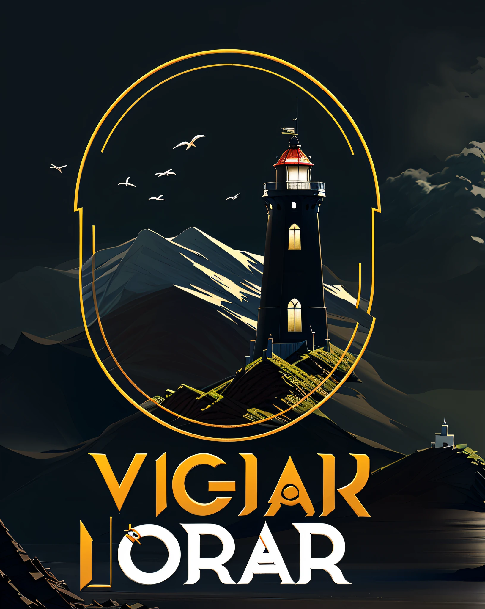 a close up of a logo with a lighthouse in the background, by Viktor Oliva, inspired by Igor Grabar, by Ivan Grohar, inspired by Óscar Domínguez, by György Vastagh, inspired by Viktor Oliva, vulgar, pilar gogar, by Václav Brožík --auto --s2