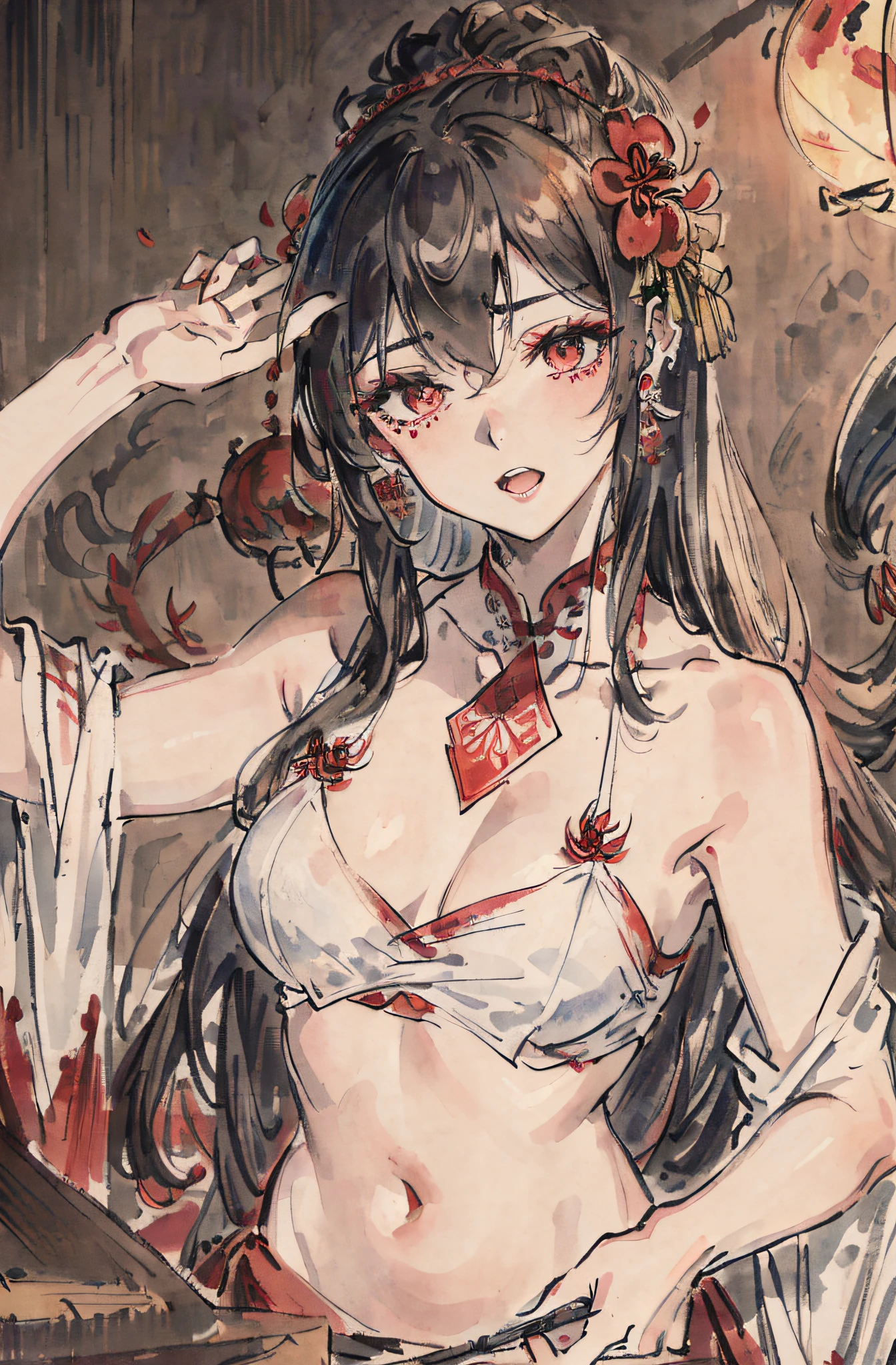 ((highres)), (open mouth), ((bust)), (((masterpiece))), ((best quality))), ((ultra-detailed)) ((very detailed CG)), ((8k_wallpaper)), dynamic angle, floating, (beautiful and detailed eyes), extremely beautiful girl, upper body, ink painting, (chinoiserie), dark circles, burning, Detail Light .from_below, (Brunet), (Red Spider Lily: 1.33), Water Eye, (Hair Flower: 1.3), Bloom, Single, Starry Sky, Hair Accessories, Earrings, Jewelry, Extra Long Hair, Messy Hair, Bare Shoulders, Crop Top, y, Half Closed Eyes, Bloom, ((((Chivalrous))), Leprechaun, (Hanfu: 1.3), (Mid-chest: 1.2), (Eyeshadow, Red Eyeliner: 1.15), (Eyes Visible Through Hair: 1.2), ((Solo)), Red Moon,