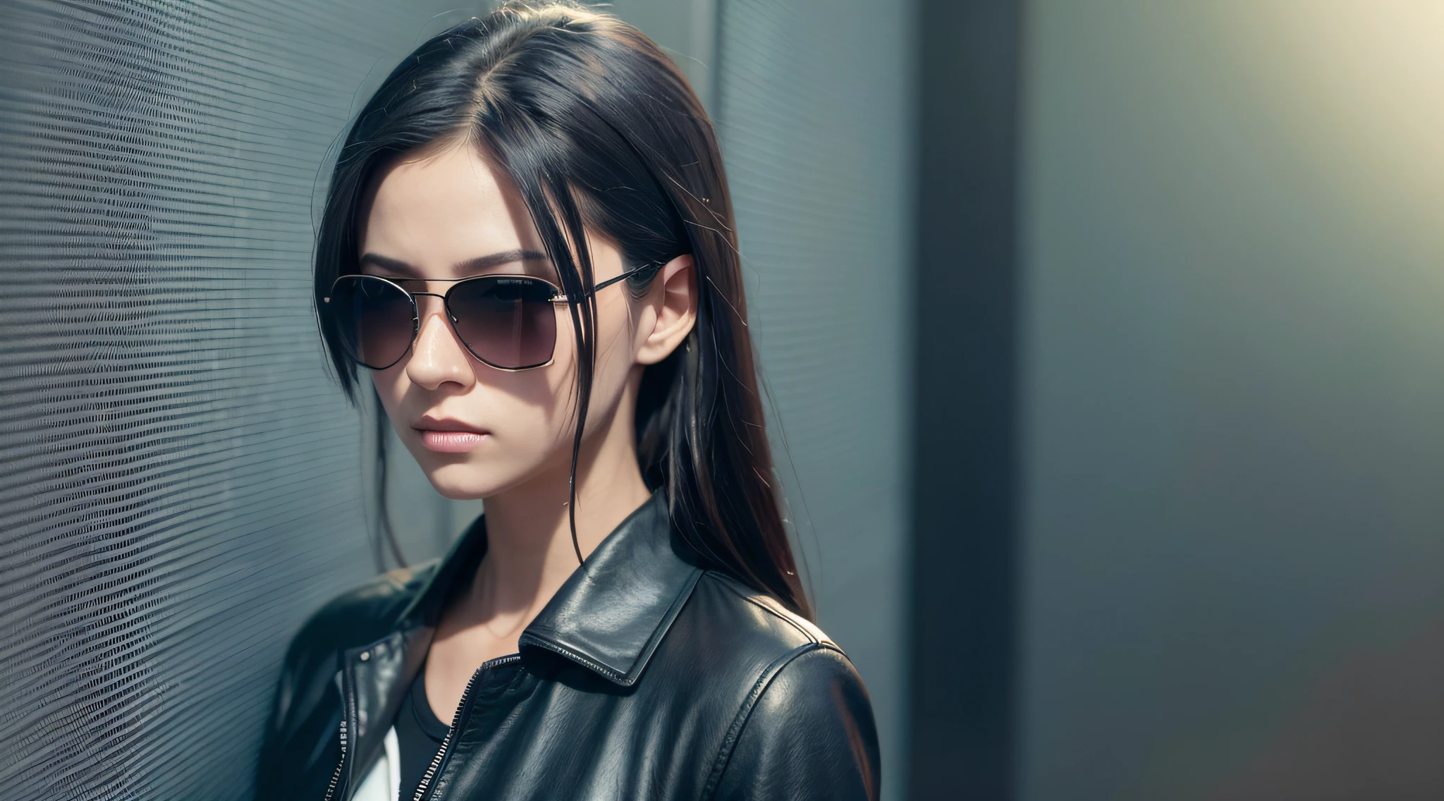 Image of a girl in sunglasses and black shirt, from the new movie, 4K comic wallpaper, Matrix, Matrix Lut, no text, science fiction, Neo from Matrix, Matrix Movie Color Grading.