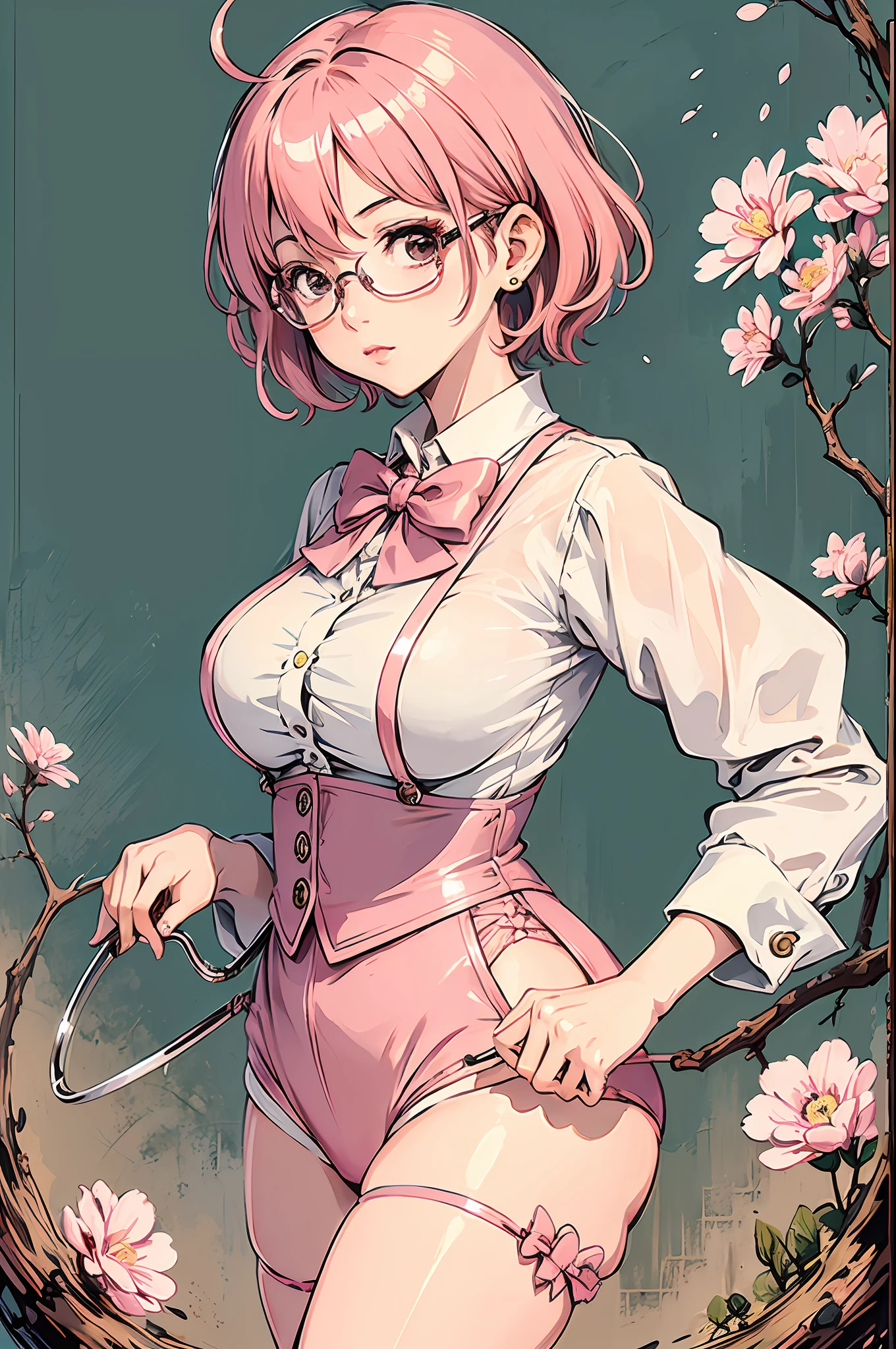 (masterpiece:1.2, best quality), (dinamic lighting) 1lady, solo, short hair, big breasts,  (shiny skin:1.2), upper body, monocle, glasses, modern, wavy pink hair,Suspenders, flower on ear, harajuku style, hair pin, loli ,ahoge
