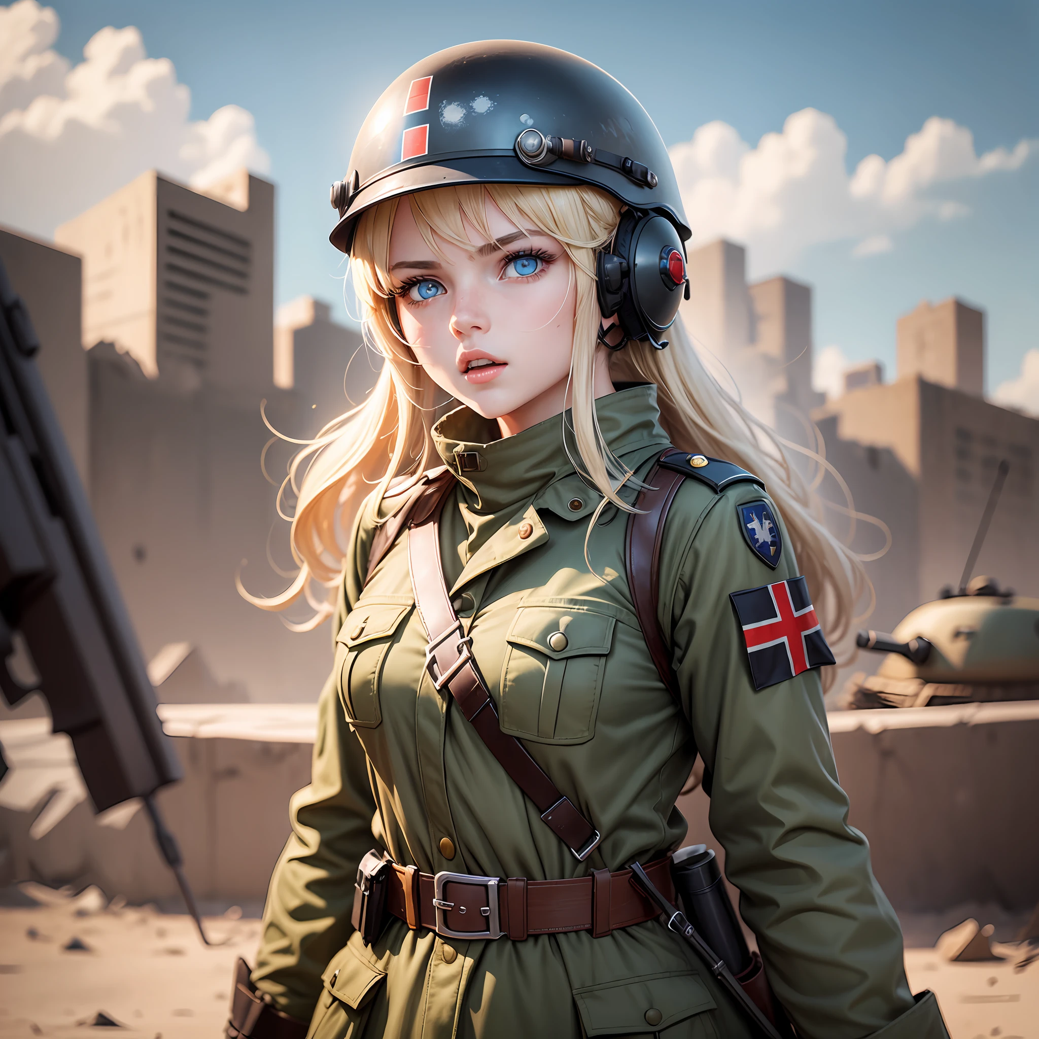 1girl, blonde hair, heterochromic pupils, blue pupils, black hair, female soldier of the People's Army of the German Democratic Republic, wearing an M56 helmet, waving a broken red flag in her hand, shouting loudly on the battlefield --auto --s2
