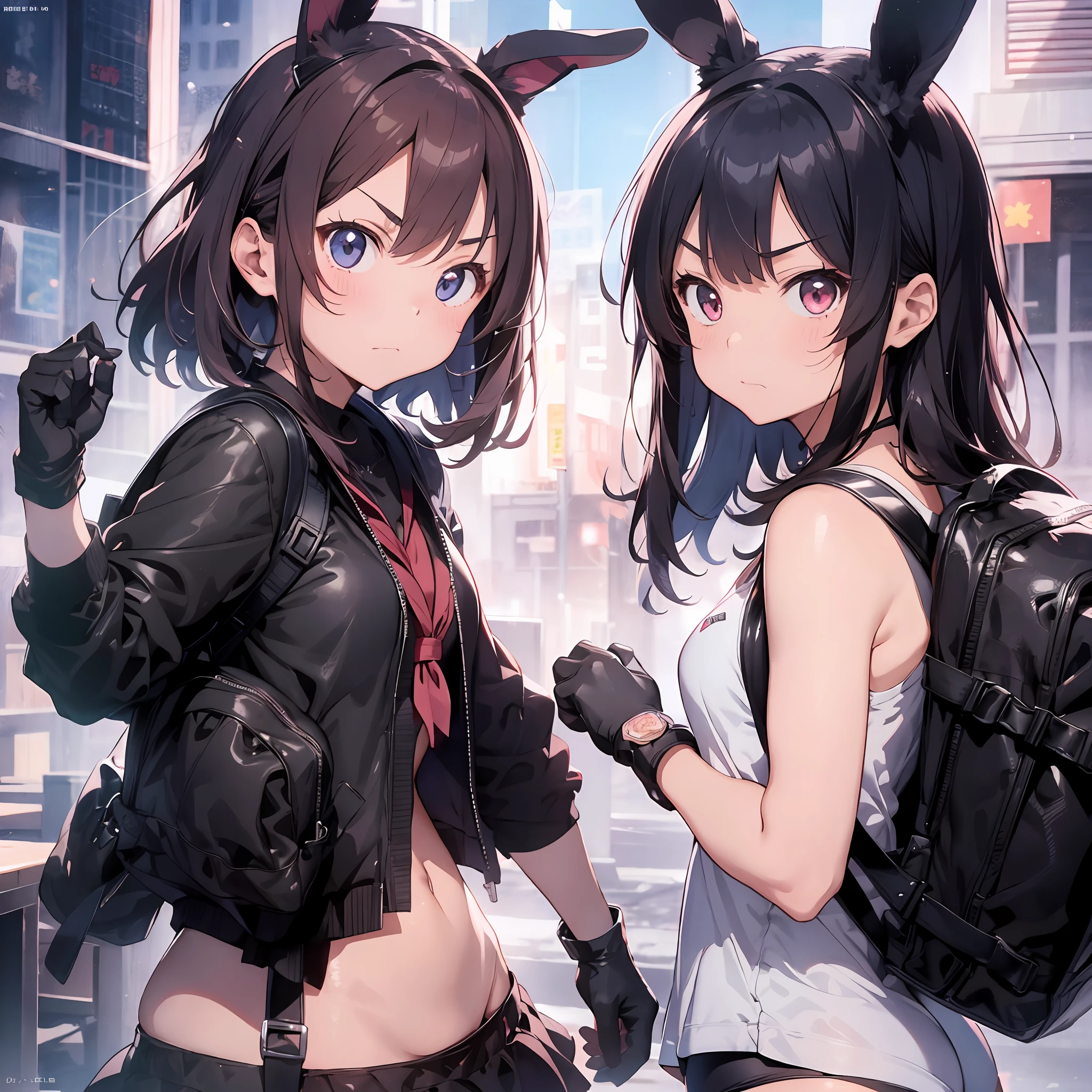Angry, glaring at each other, facing each other, ing out cheeks, anger, sunglasses, neat school swimsuit, thick eyebrows, leather backpack, huge backpack, carrying heavy weapons, (dark skin: 1.3), black gloves, brown skin, movie lighting, small, beautiful light pink hair, rabbit ears, (masterpiece), ((highest quality)), (super detailed), glossy skin, full body anime girl, two girls, Clean and detailed anime face, high-resolution anime eyes, five fingers, textile shading, perfect human structure, perfect anatomy,