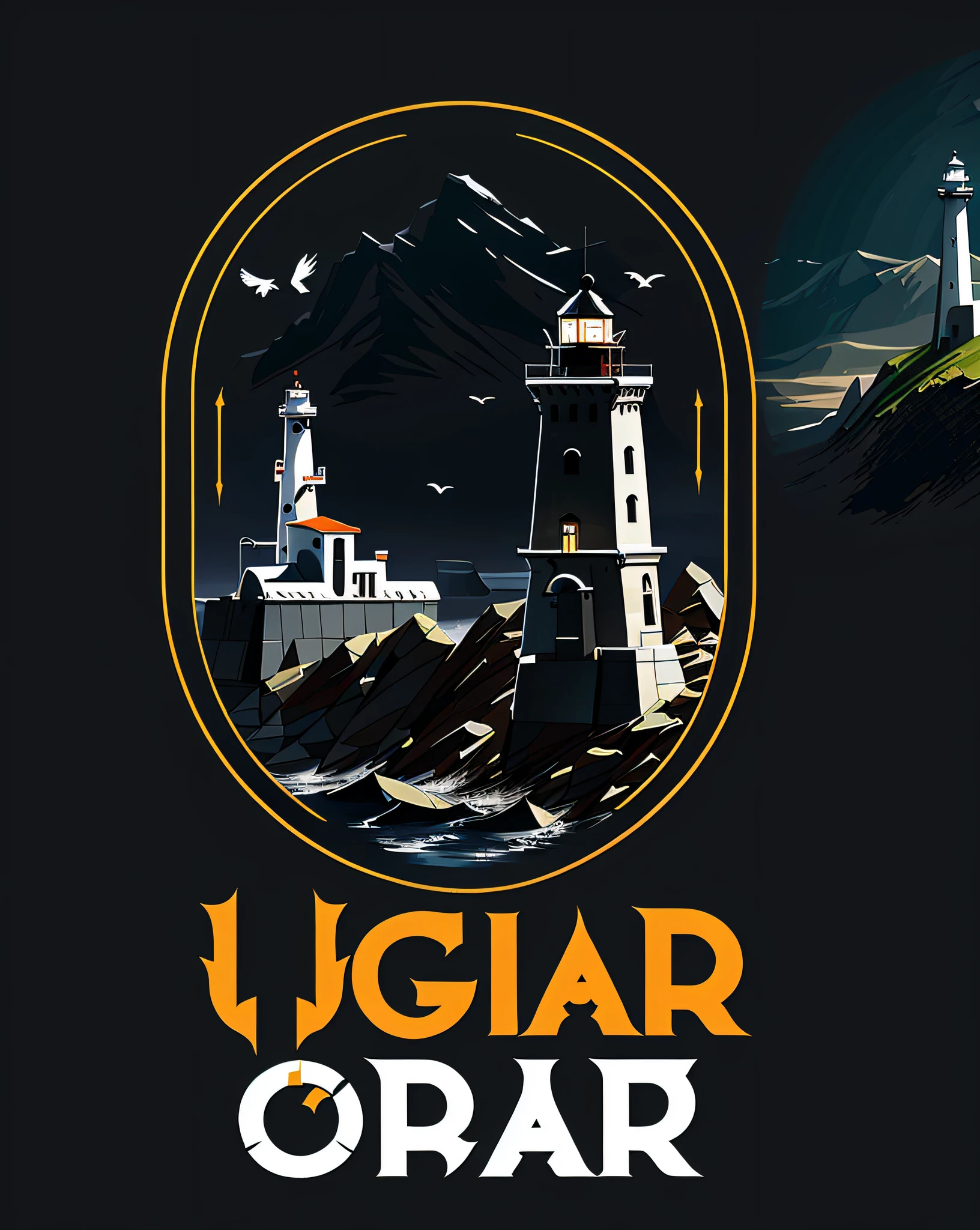 a close up of a logo with a lighthouse in the background, by Viktor Oliva, inspired by Igor Grabar, by Ivan Grohar, inspired by Óscar Domínguez, by György Vastagh, inspired by Viktor Oliva, vulgar, pilar gogar, by Václav Brožík --auto --s2