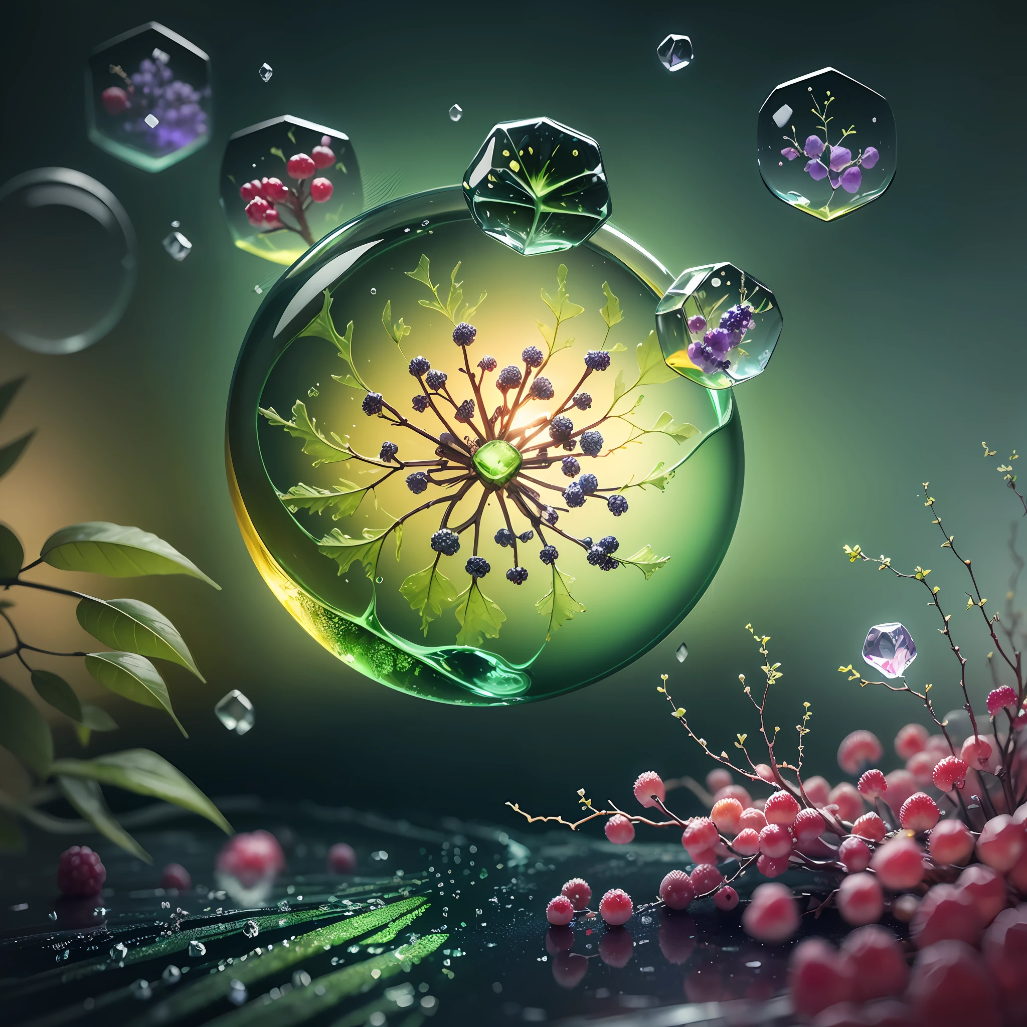 Computer Visualized Graphics, Realistic Fantasy, Extensive Landscape Ultrasound Photography (general view showing glass glass, ice cube, berries, dew,), blurred background, gloomy, yellow, green, purple background, pink, warm, magic --auto --s2