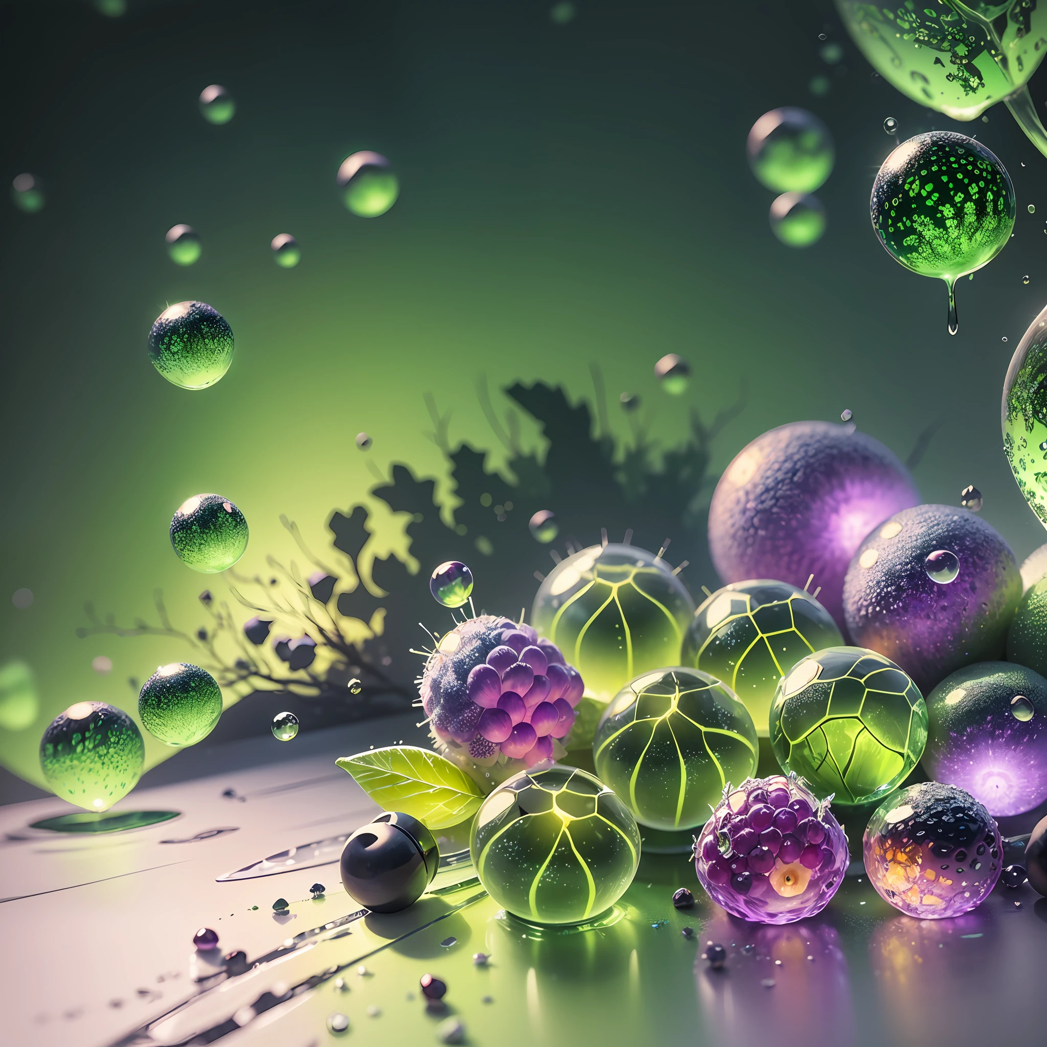 Computer Visualized Graphics, Realistic Fantasy, Extensive Landscape Ultrasound Photography (general view showing glass glass, ice cube, berries, dew,), blurred background, gloomy, yellow, green, purple background, pink, warm, magic --auto --s2