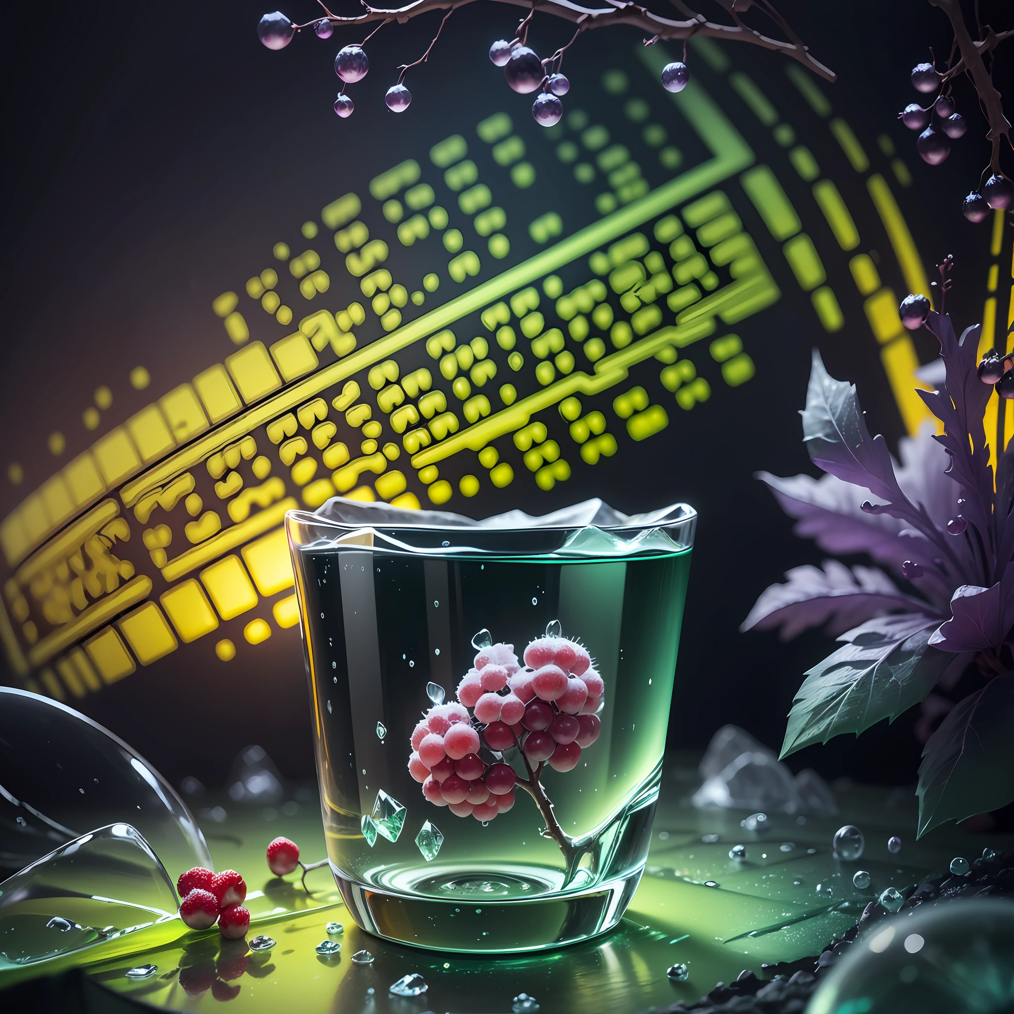 Computer Visualized Graphics, Realistic Fantasy, Extensive Landscape Ultrasound Photography (general view showing glass glass, ice cube, berries, dew,), blurred background, gloomy, yellow, green, purple background, pink, warm, magic --auto --s2