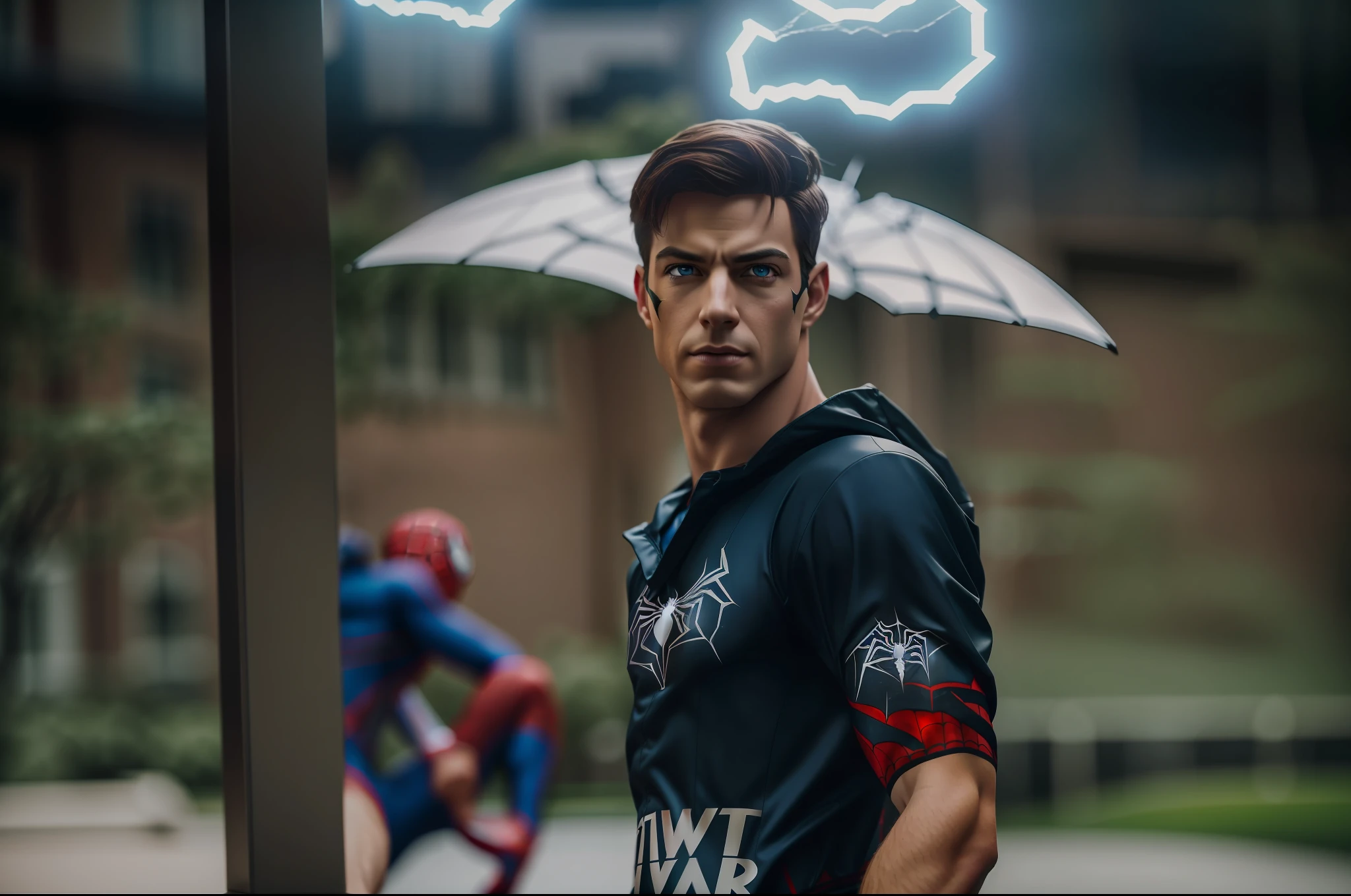 realistic,
alluring eyes,
(full entire body),
wearing spider man costume,
spider man dc,
((city)),
storm,
best quality masterpiece,
photorealistic, detailed, 8k, HDR, shallow depth of field,
broad light, high contrast, backlighting, light sparkles,
chromatic aberration, sharp focus, RAW color photo, small head