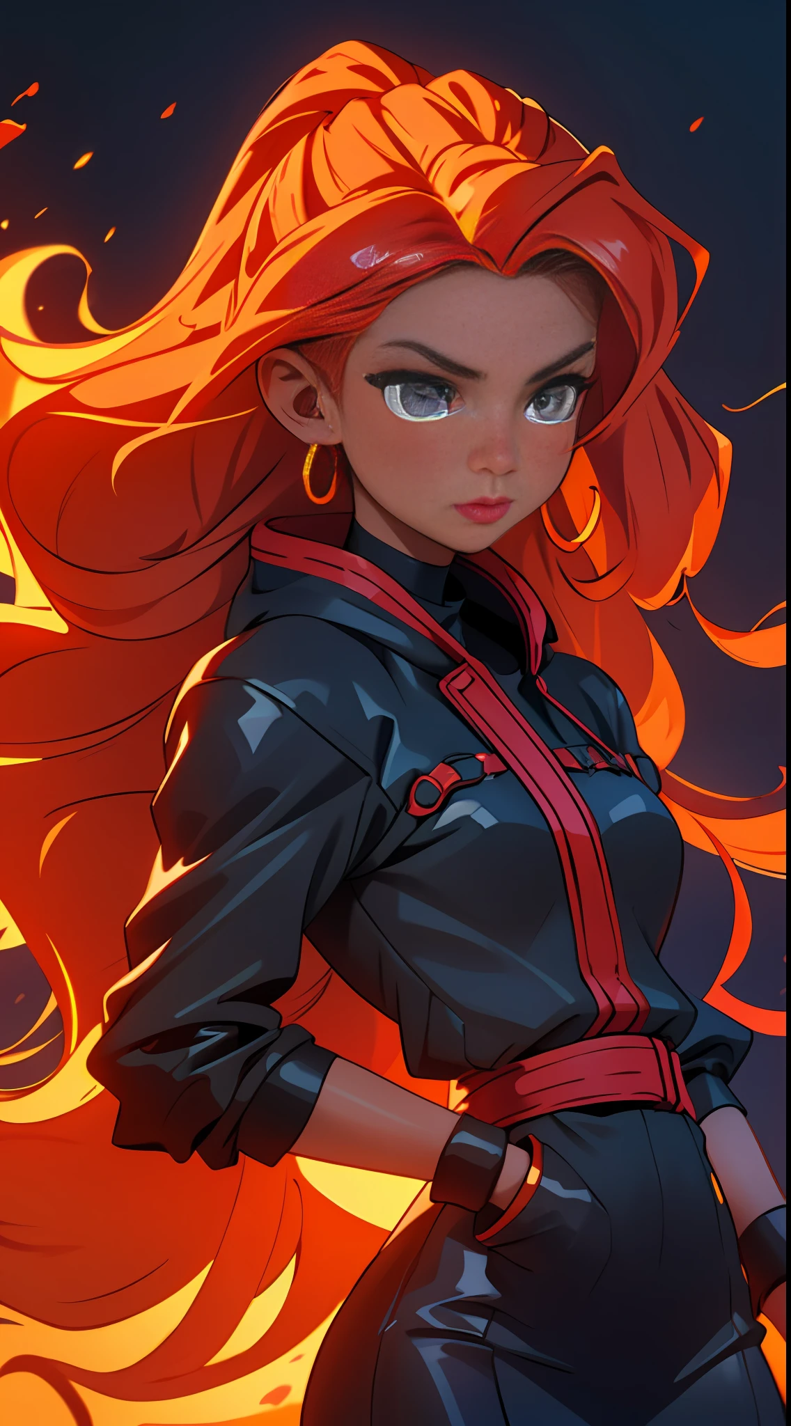 A young girl, with flames for hair, she's a model, she's wearing a fashion dress, she's , her eyes are orange, Her hair is on fire, her hair is shivering flames, just like lina in dota 2, fire, her hair is pure fire, she is black, has dark skin