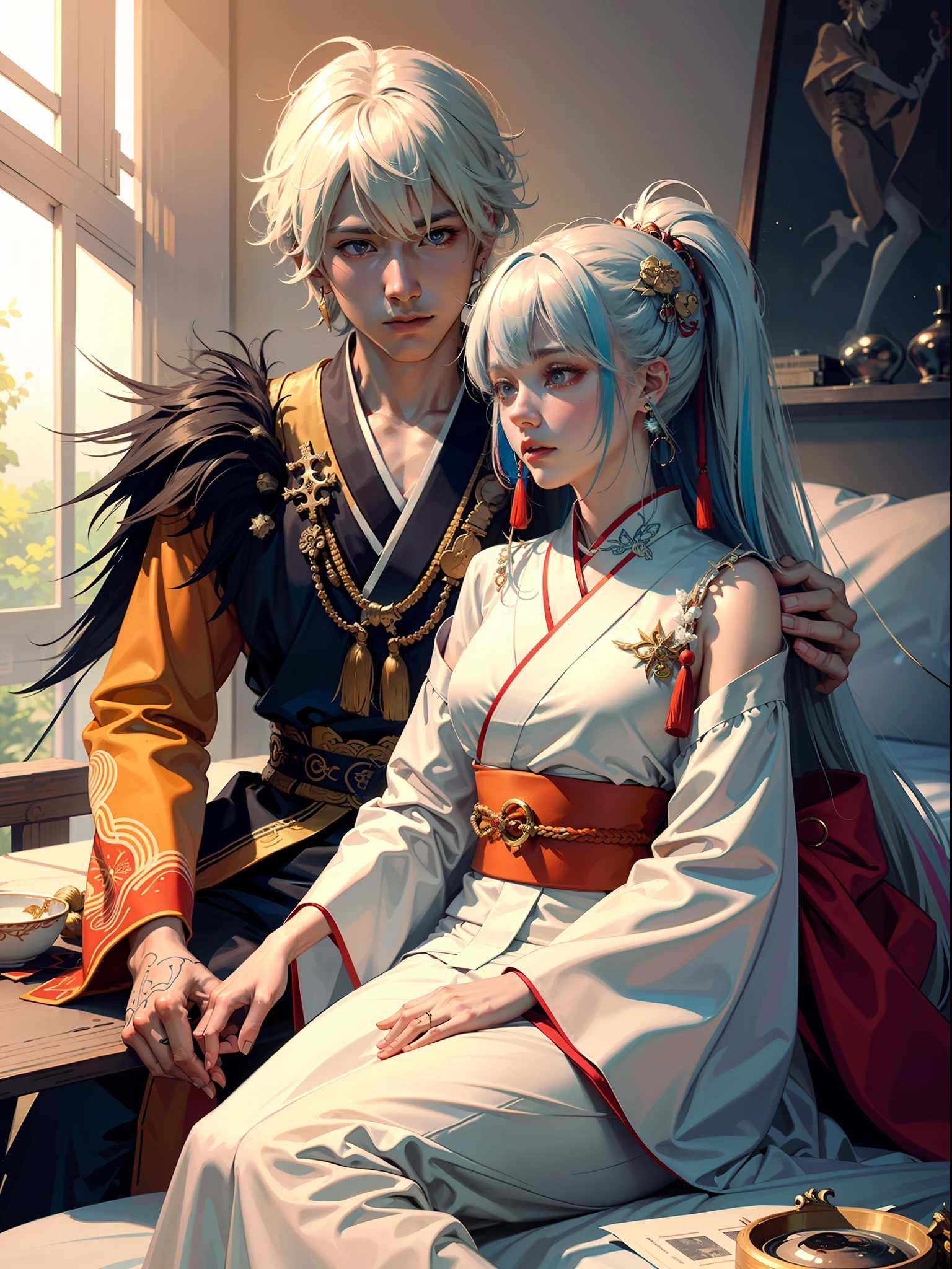 Concept Art, "1 Couple, Male Focus, Fin Ears, Multicolored Hair, Handsome Boy, Long White Hair, Tassels, Bangs, Carp, Colorful, Bold Colors, White Kimono, (Open) Kimono, Traditional Chinese Clothing, Close-up, Intimate Interaction in Bed, Stud Earrings, Rings, Sweat, Illuminate People", Colorful, Master Composition, Focus on Key Figures, Realism, Masterpiece, Award-Standing, Best Quality, Masterpiece, Ultra Detailed, 8K, Extremely Detailed CG Unity 8k wallpaper, complex, highly detailedrealistic