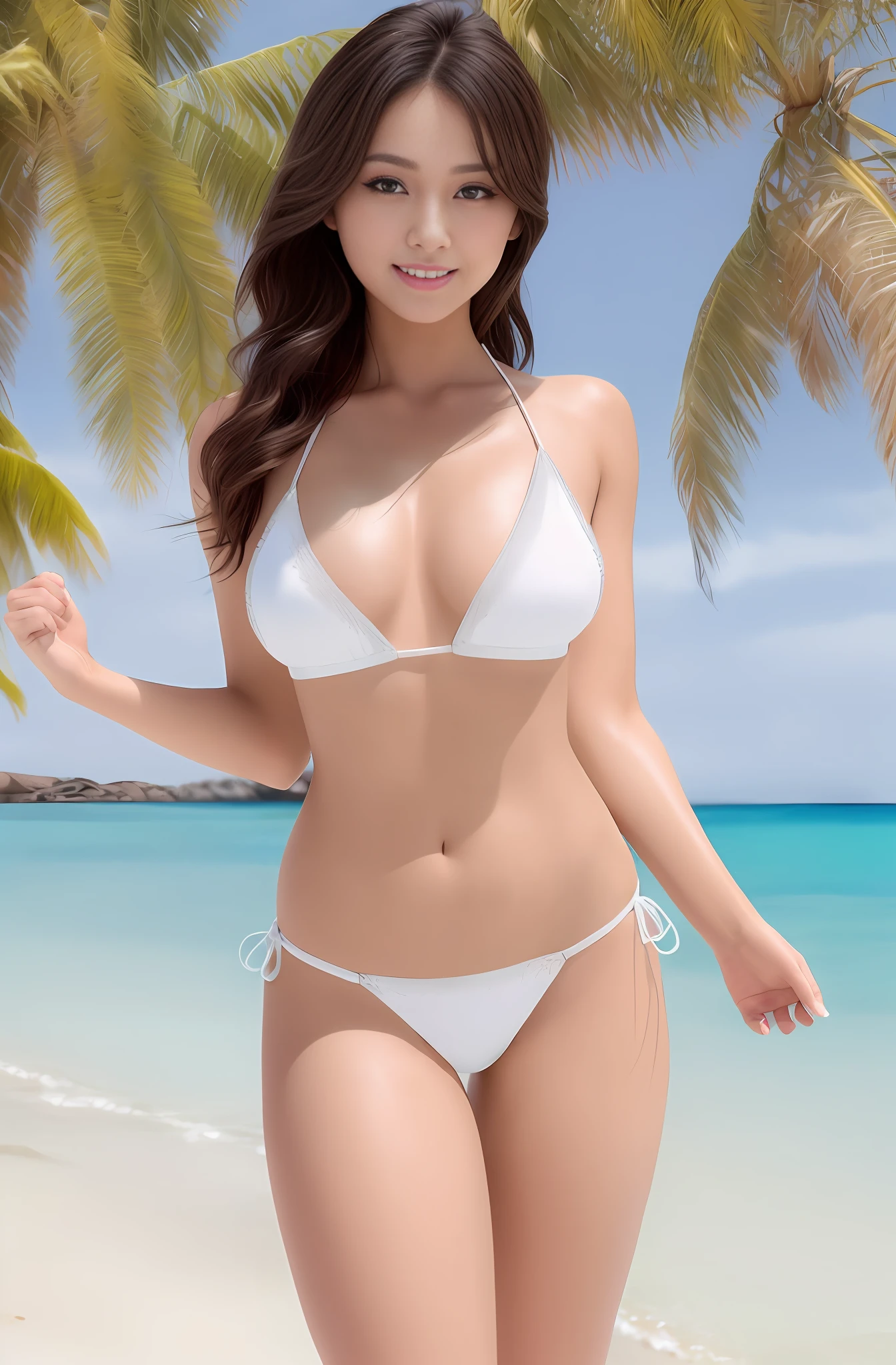 Best Quality, Photorealistic, 8K, High Resolution, RAW Color, One Woman, One Woman Standing on a White Beach, (Skindentation), (Portrait: 0.6), Neat Face, Beautiful Person, Detailed Face, Beautiful Face, Detailed Eyes, Symmetrical Face, Brown Hair, Perfect Body, Perfect Hand, Perfect Leg, Big, Small Micro Bikini, Detailed Micro Bikini, High Leg Micro Bikini, white skin, detailed skin, gravure idol, sexy idol, natural makeup, smile,