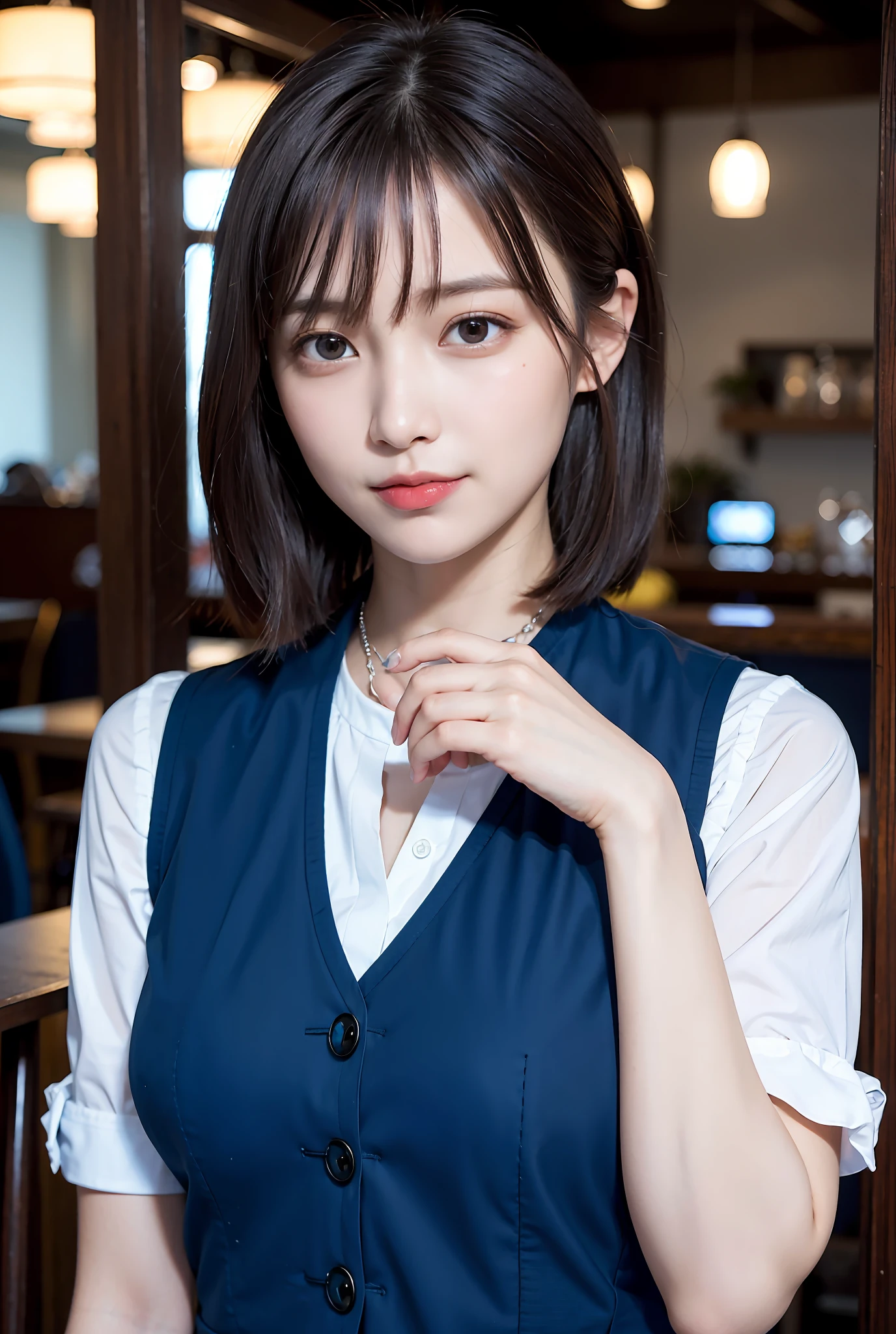 (((Medium hair))), Top Quality, 8K, HDR, Hi-Res, Absurdity: 1.2, Photography, (RAW Photos: 1.2), (Photorealistic: 1.4), (Masterpiece: 1.3), (Complex Details: 1.2), 1 Girl, Solo, Japan girls, Delicate and beautiful details, (Detailed eyes), (Detailed facial features), Petite, (Small breasts))), Toned Skin, ( looking_at_viewer), from_front, (Skinny), (Best Quality: 1.4), (Ultra High Definition: 1.2), Cinemalite, (Extreme Detail Illustration), (Lip Gloss, Best Quality, Ultra High Resolution, Depth of Field, Caustics, Broad Lighting, Natural Shading, 85mm, f / 1.4, ISO 200, 1/160 sec: 0.75), 1 girl, solo, ((blue vest))) smile, uniform, necklace, fashionable café: 1.3, black neat and clean clothes, Nogizaka idol, gravure idol, beauty