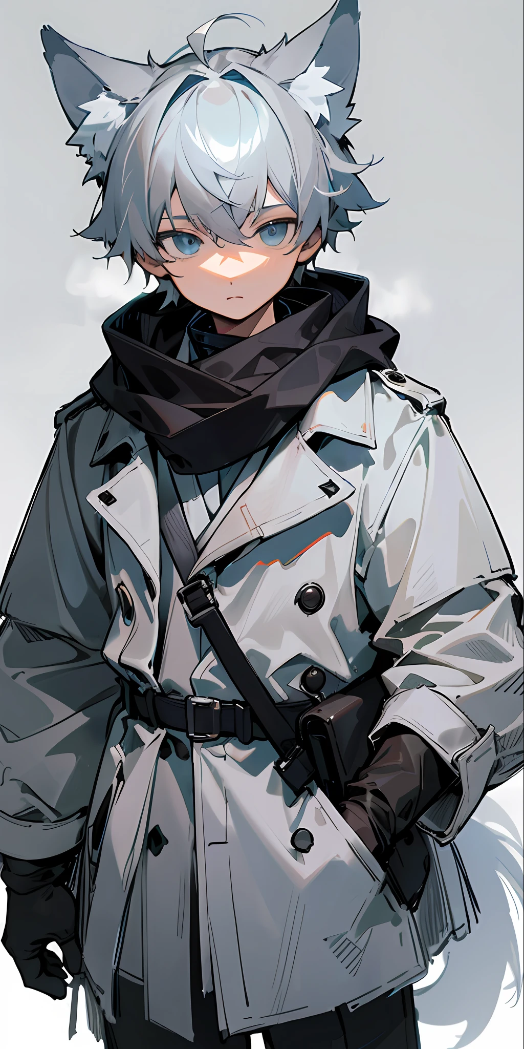 1boy, shota, (HD quality, masterpiece level), fresh and cold teenage characters, wolf ears and wolf tail highlight the character's sense of belonging, blue eyes and dark gray hair echo each other, the clean lines of the white-gray military trench coat show the character's modesty and confidence, brown scarf and black boots are rigid and soft, as if ready to go. The whole picture is simple and atmospheric, and the high and cold temperament is respectful. No background, white screen, slightly toned, HD, masterpiece, white background, dark gray hair, blue eyes, (wolf ears), (wolf tail), slim white gray military trench coat, no hood, brown scarf, black boots, one tail, little boy, hidden ears