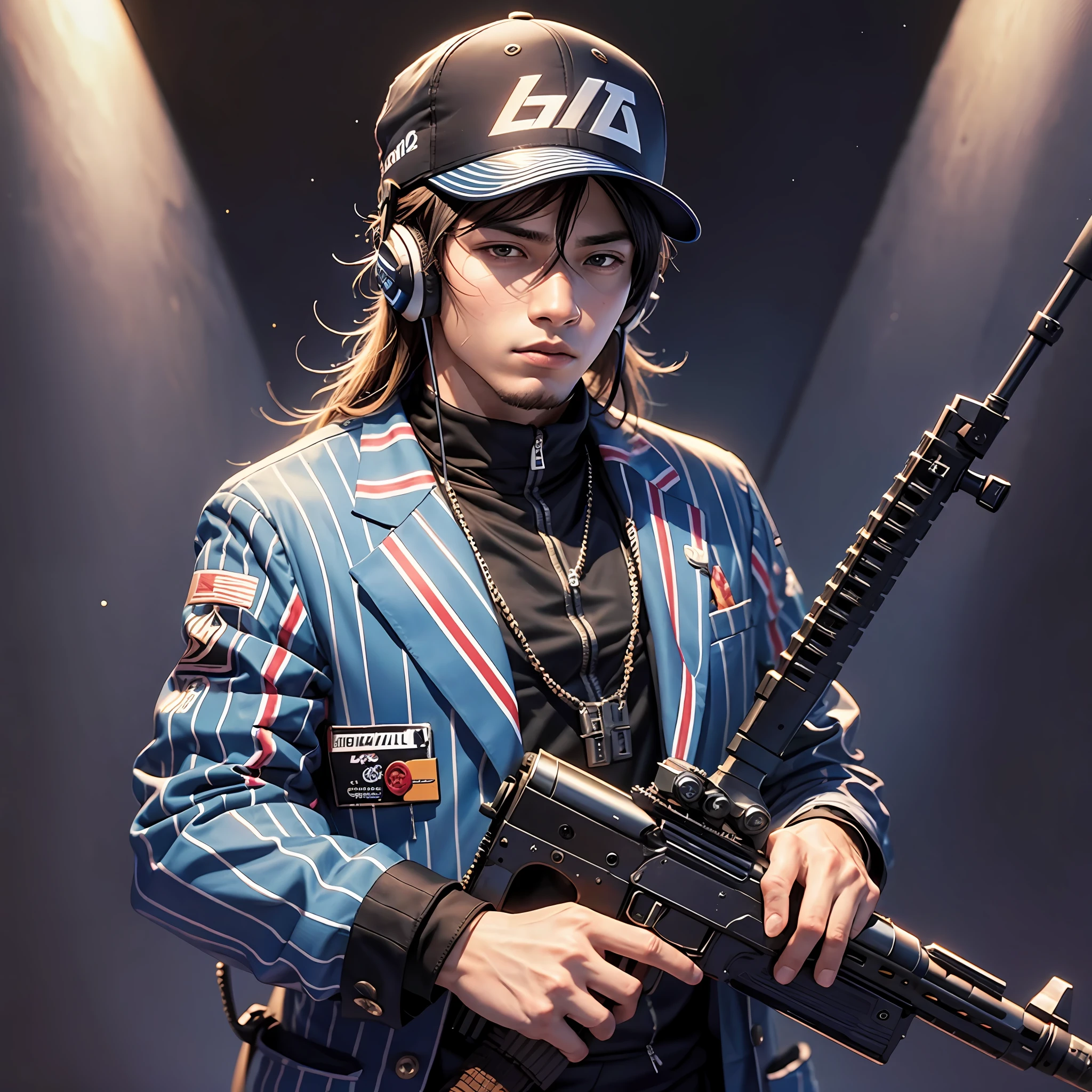 E-sports player with a Luiz Gonzaga hat on his head, a striped suit and a rifle in his hand --auto --s2