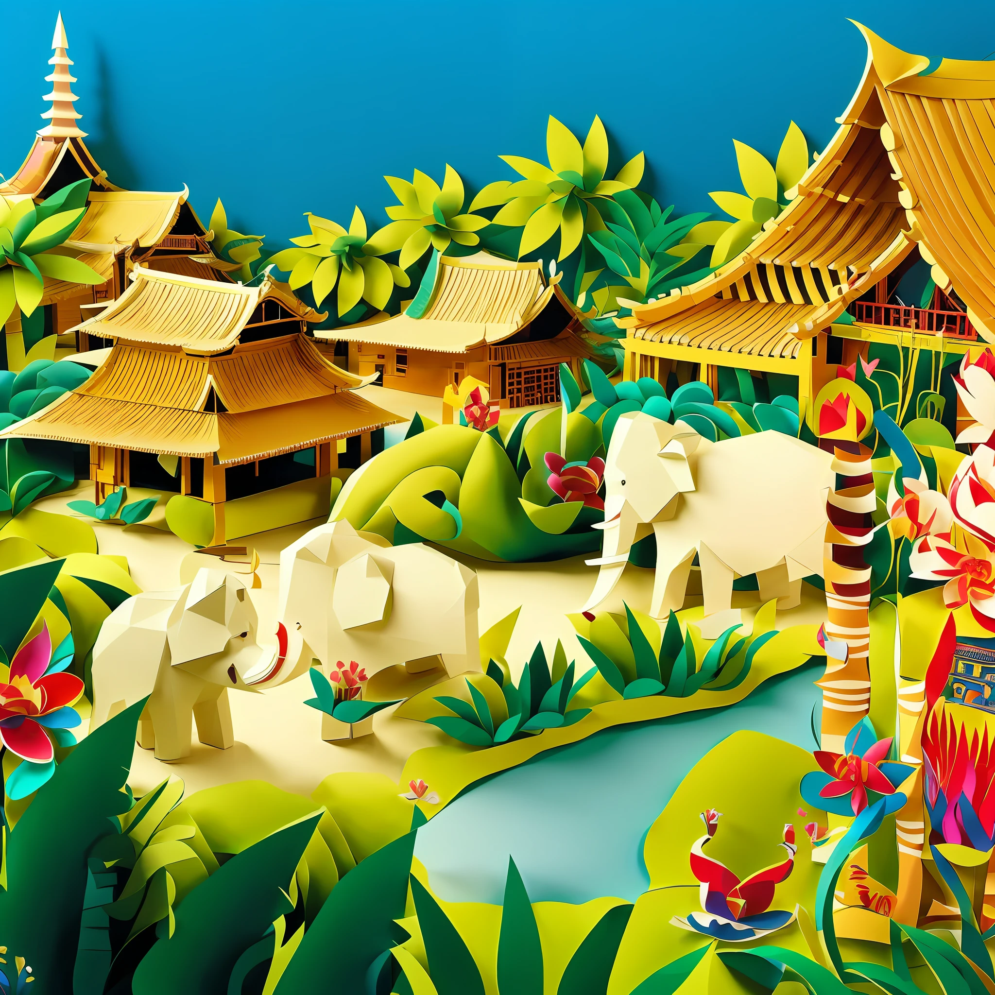 there is a paper cut of a asian village with elephants, thailand art, a beautiful artwork illustration, kirigami, paper art, artwork in style of sheng lam, paper cut art, breathtaking art, beautiful digital artwork, very beautiful digital art, inspiring art, paper craft low poly, vietnamese temple scene, hd illustration, intricate 3 d illustration, masterful intricate artwork