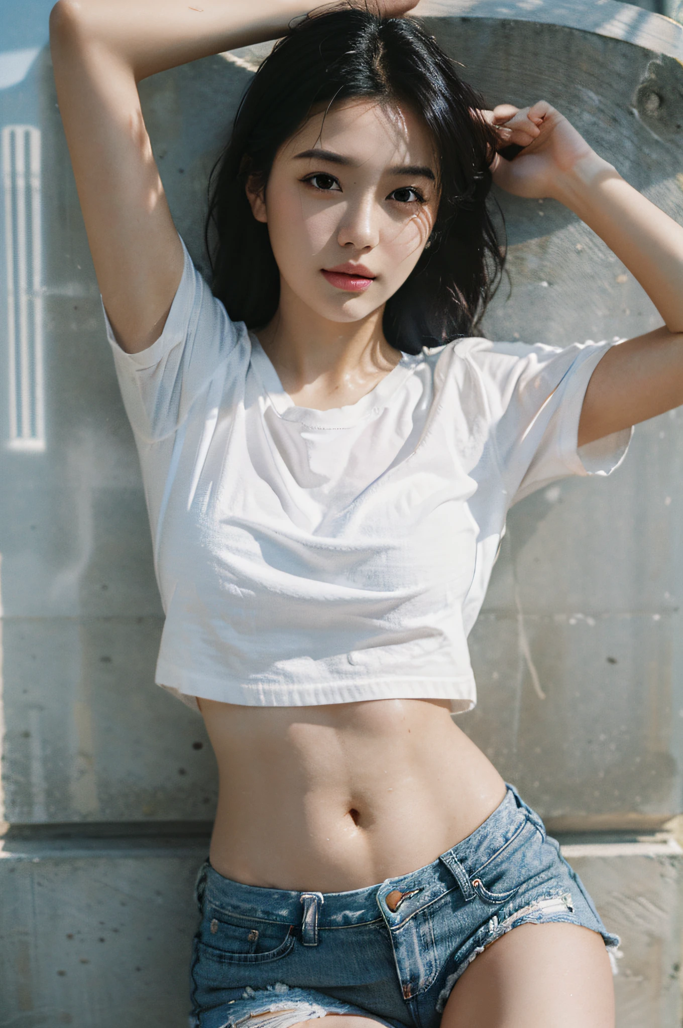 Best Quality, Masterpiece, Ultra High Resolution, (Realistic: 1.4), Original Photo, Official Art, Wallpaper, Bust Photo, Skin, Simple Background, Black Eyes, Details, Fingers, 1 Girl,,White Shirt,Belly Navel,Ragged Jean Shorts,Breeze,Sunlight,Water Mist,Studio light,