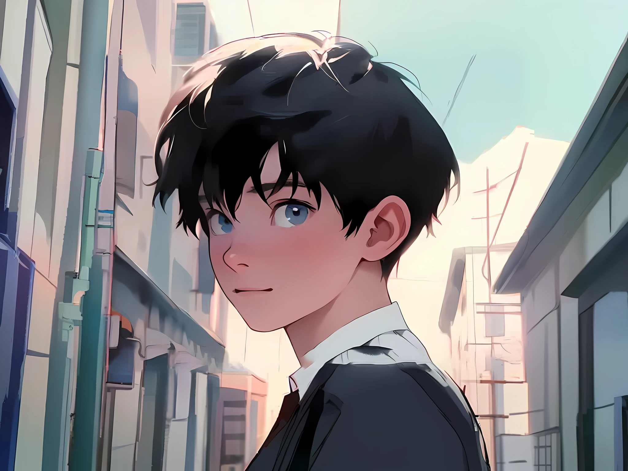 anime boy with black hair and blue eyes in a city street, artwork in the style of guweiz, anime realism style, realistic anime artstyle, anime boy, realistic anime art style, ilya kuvshinov style, semirealistic anime style, kuvshinov ilya, ilya kuvshinov. 4 k, tall anime guy with blue eyes