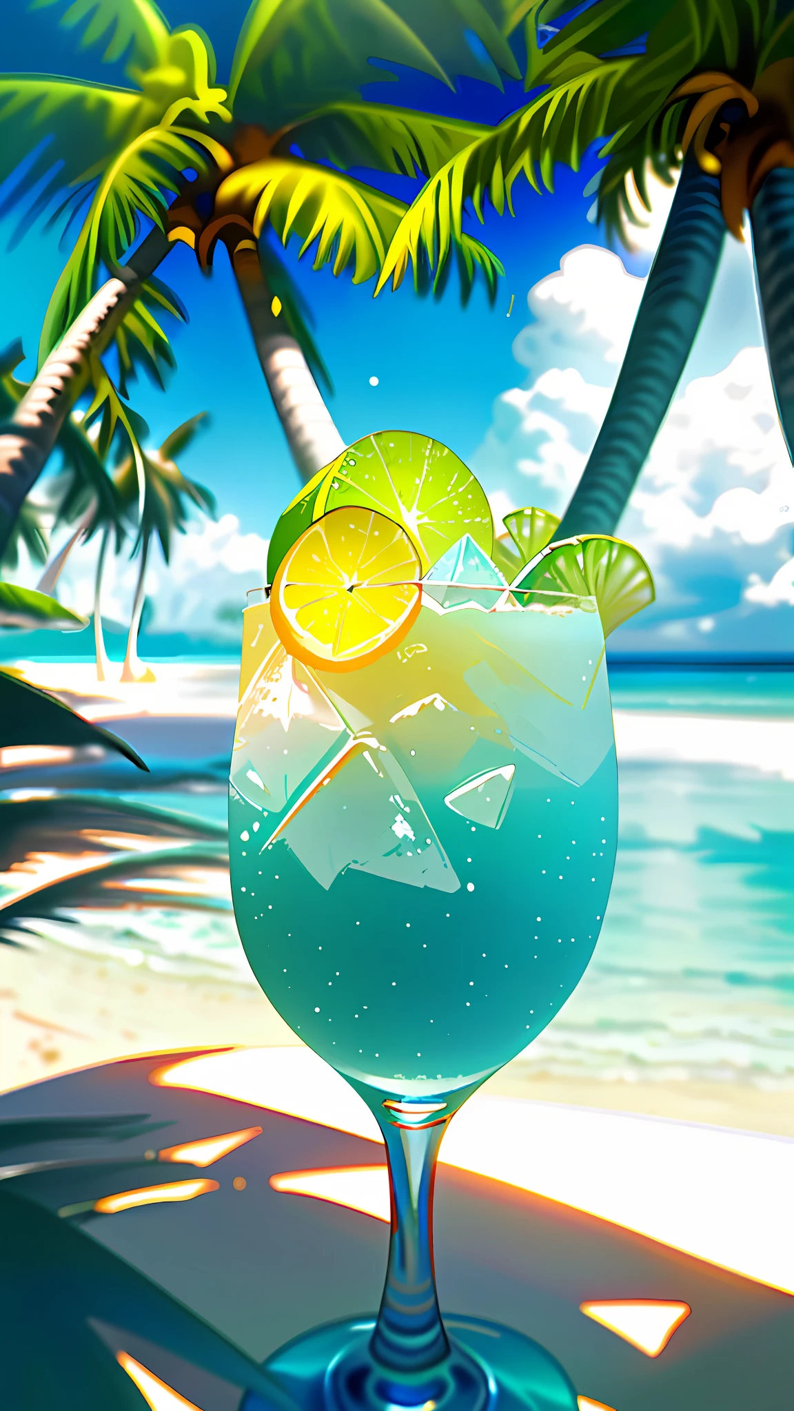 Wallpaper, summer ice drink, beach, white table, sea, coconut tree, bikini, hot weather, HD detail, hyperdetail, cinematic, surrealism, soft light, deep field focus bokeh, ray tracing, diffuse (ultra-fine glass reflection) and surrealism.