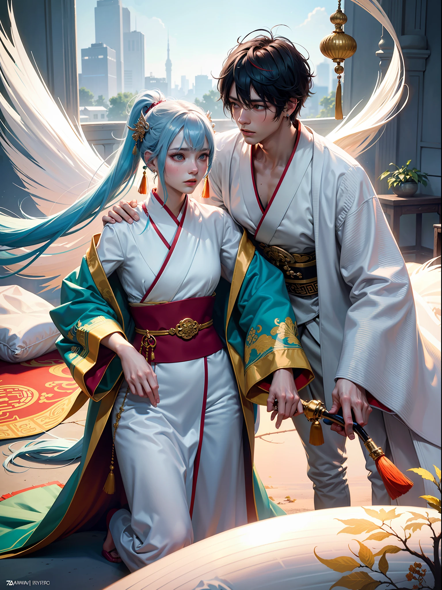 Concept Art, "1 Couple, Male Focus, Fin Ears, Multicolored Hair, Handsome Boy, Long White Hair, Tassels, Bangs, Carp, Colorful, Bold Colors, White Kimono, (Open) Kimono, Traditional Chinese Clothing, Close-up, Intimate Interaction in Bed, Stud Earrings, Rings, Sweat, Illuminate People", Colorful, Master Composition, Focus on Key Figures, Realism, Masterpiece, Award-Standing, Best Quality, Masterpiece, Ultra Detailed, 8K, Extremely Detailed CG Unity 8k wallpaper, complex, highly detailedrealistic