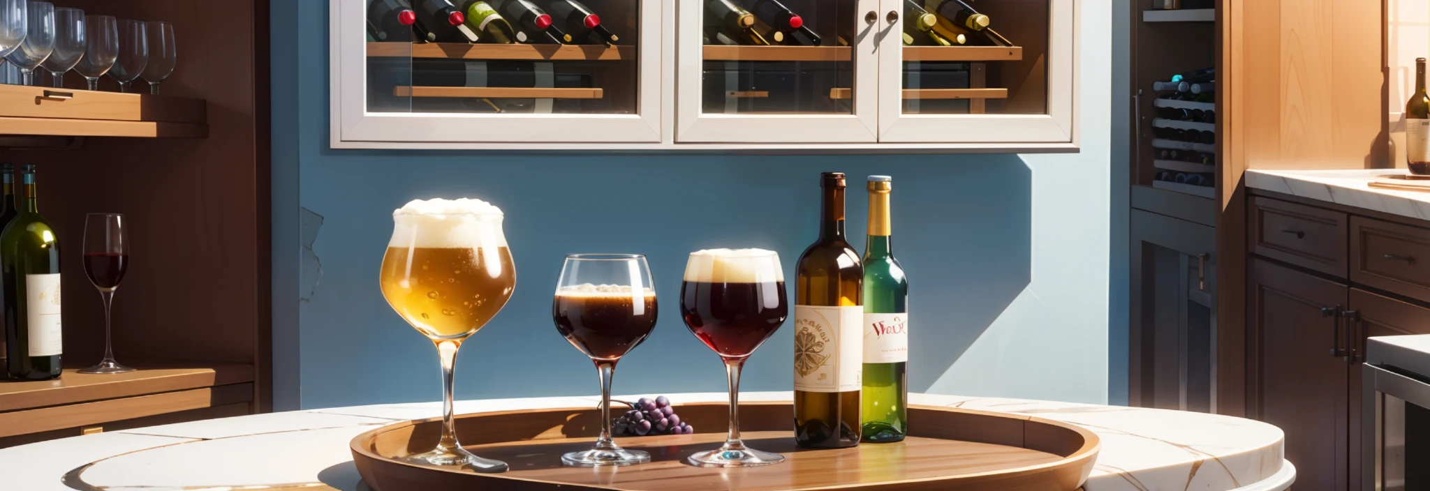 Wine cabinet, drinks, cool, cool, clean glasses, summer wallpapers, beer, wine, drinks, air conditioning, blue sky, hot weather, HD detail, wet watermark, hyperdetail, film, hyperrealism, soft light, deep caustic, ray tracing and hyperrealism. --v6
