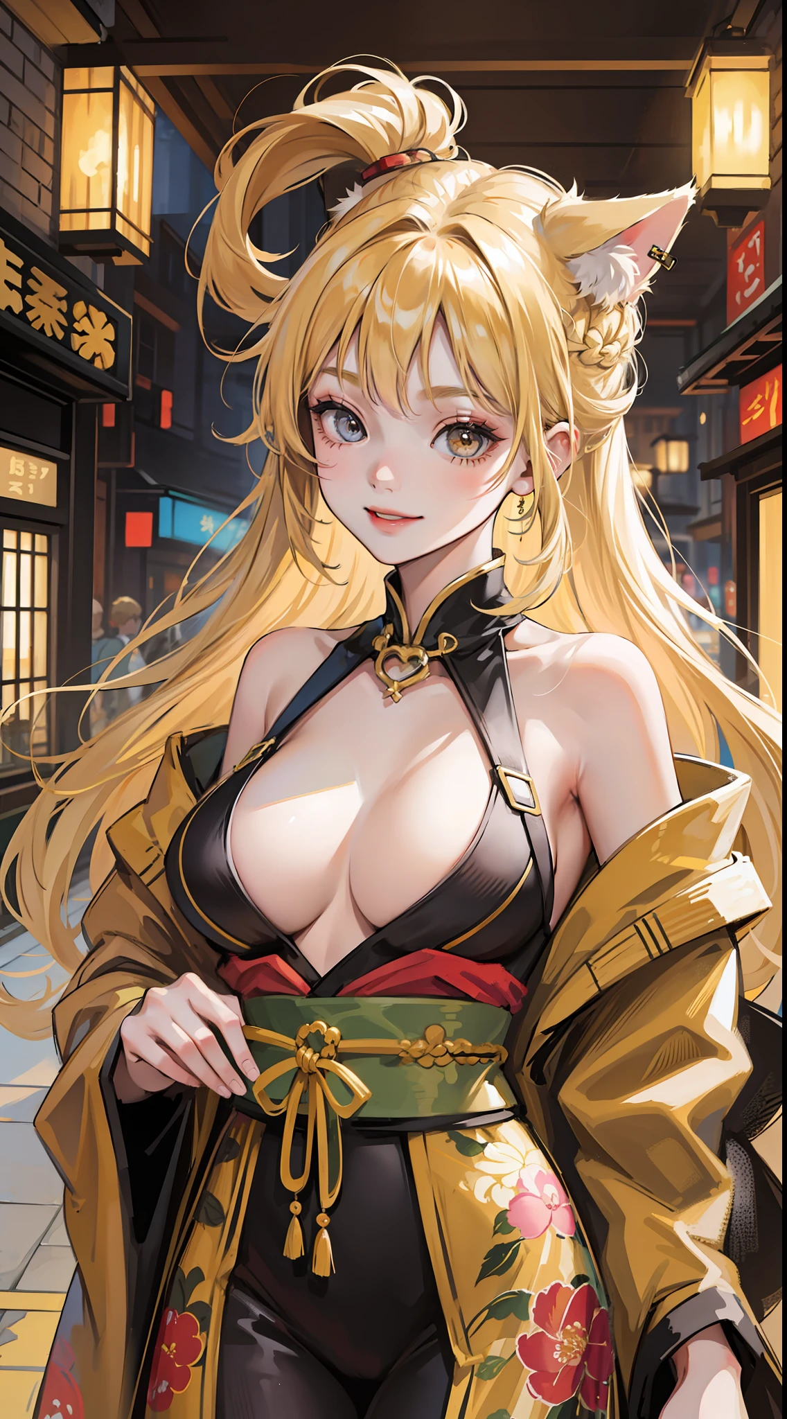 Young girl, blonde hair in a bun, amber eyes, cat ears, kimono, open breasts, smile, masterpiece, high quality