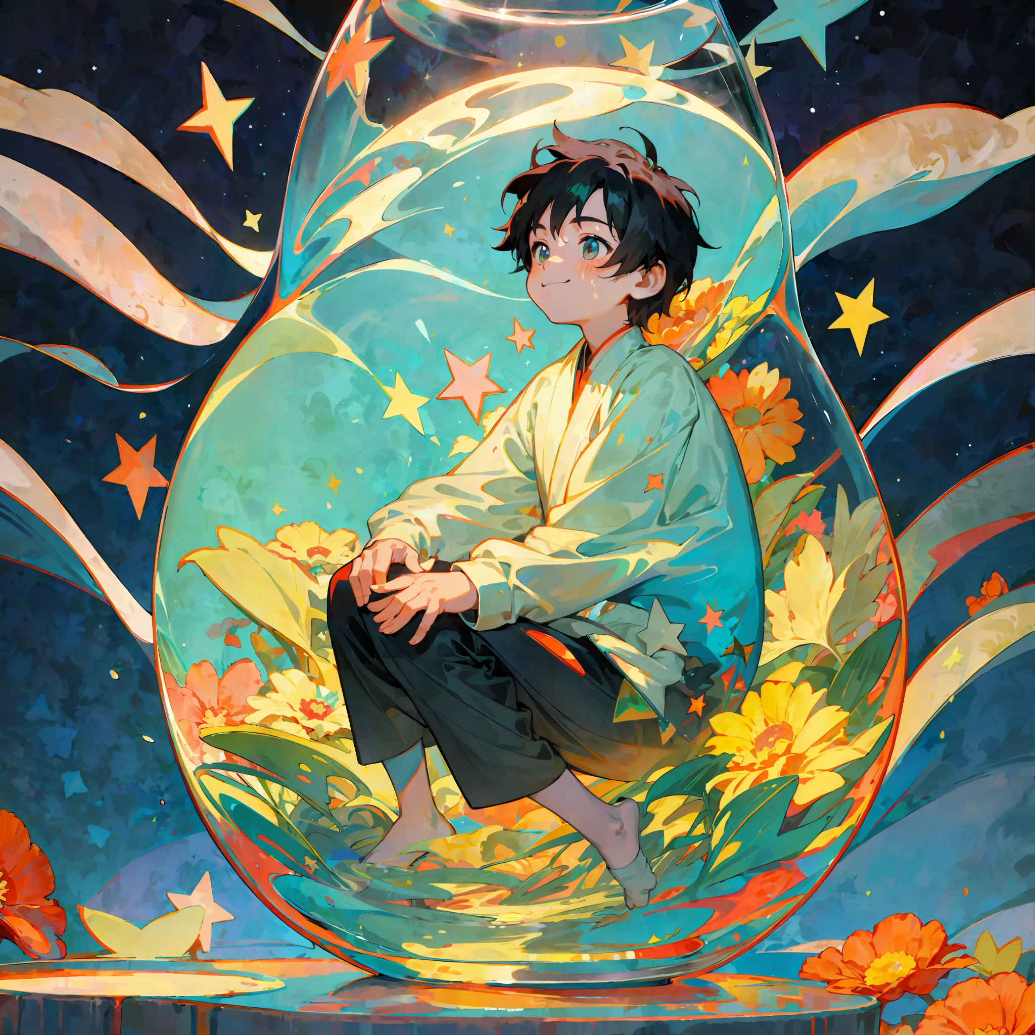 A sits inside a glass, happy, fantastical, sunny, shaded, colorful, stars