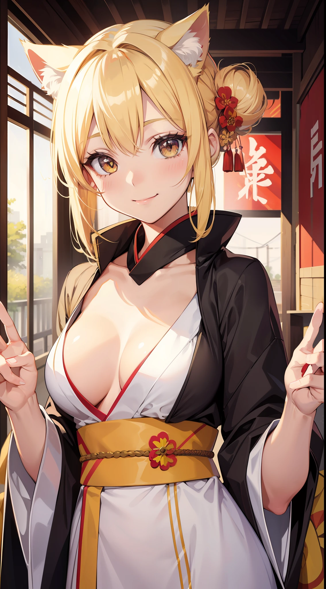 Young girl, blonde hair in a bun, amber eyes, cat ears, kimono, open breasts, smile, masterpiece, high quality