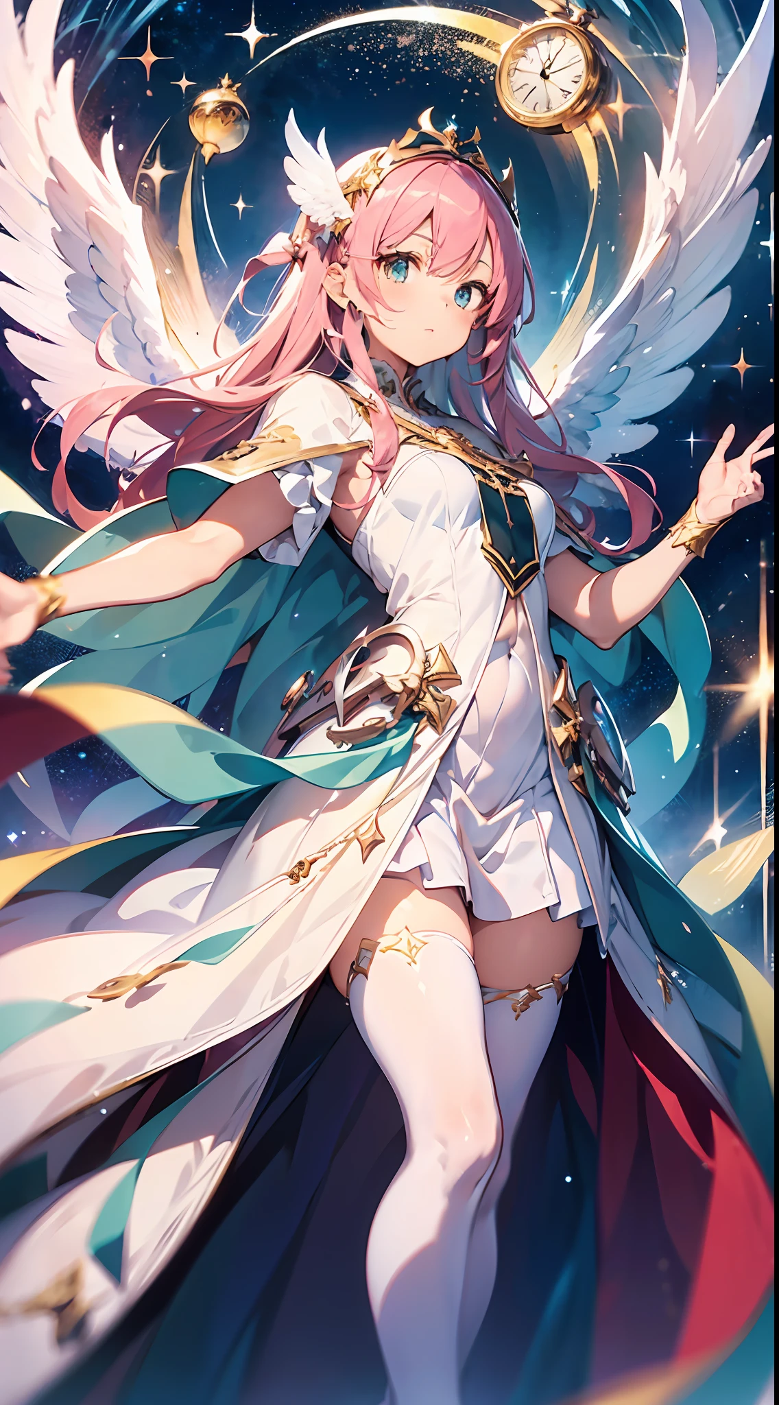Huge magic circles, clocks, tons of holy swords (((masterpiece))), Morganite gemstones. (super detail, top quality, high resolution, 8k wallpaper, beautiful clothes), full body, side view, verywideshot. Pink hair long hair.green eyes. Goddess, white clothes, white robes, one hand outstretched forward. Shoot beams. ((White Big Angel Wings)).Cug. Dignified face, sparkling, seen from the front. Sky. Night sky. clock, magic circle, holy sword, floating holy sword, magic, mystical, attack pose, light, shine, dazzle, glare, twinkle, reflection, prism, sparkle