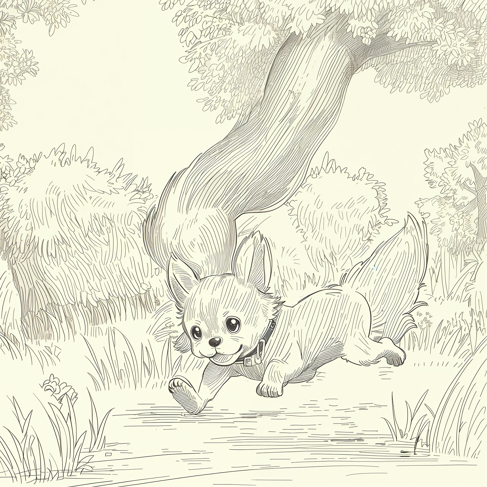 (High quality, 8k) line drawing, lineart, black and white, cute and fluffy chihuahua dog running in the forest with trees and flowers