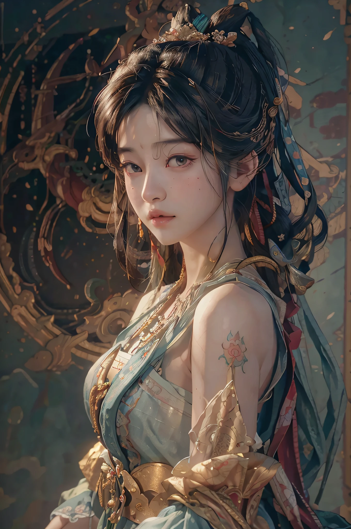 (RAW photo, best quality), (realistic, photo-realistic:1.3),best quality,highly detailed,masterpiece,ultra-detailed,illustration,1girl,upper_body,dynamic angle,world masterpiece theater,messy_long_hair,best quality,extremely detailed CG unity 8k wallpaper,ink,Amazing,cinematic lighting,lens_flare, dunhuang_style