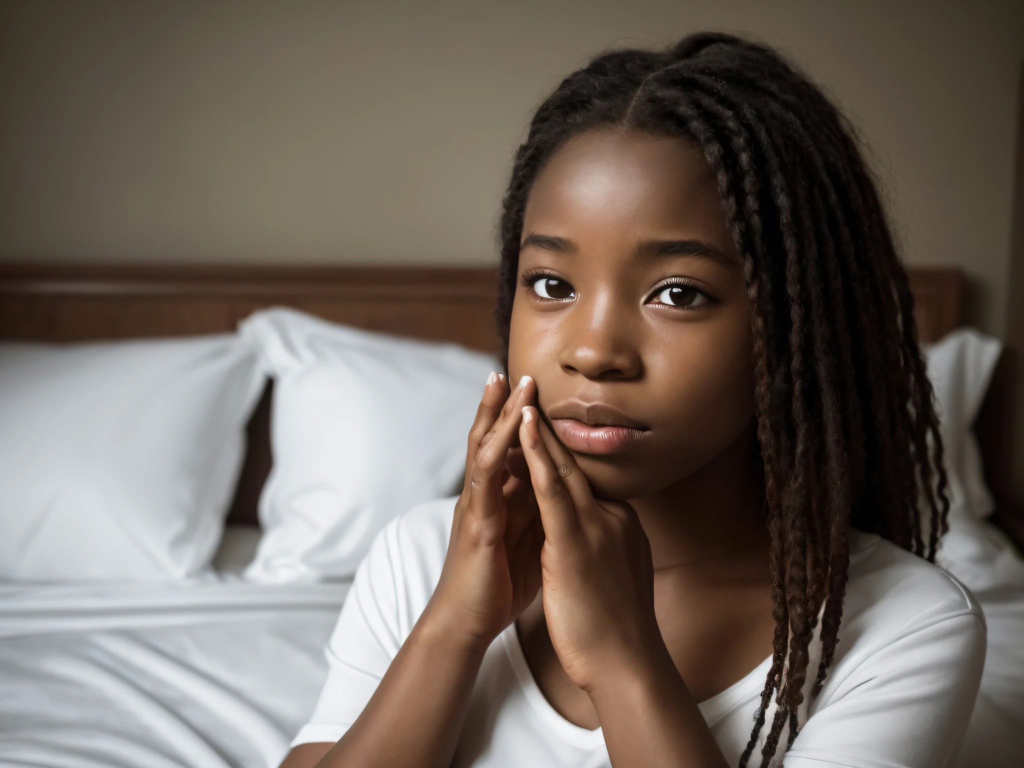 Portrait of a young woman of 18 years beautiful beautiful face perfect petit teen, she is happy, very beautiful African, praying, in bed, (private study dark, dark and grumpy light: 1.2)