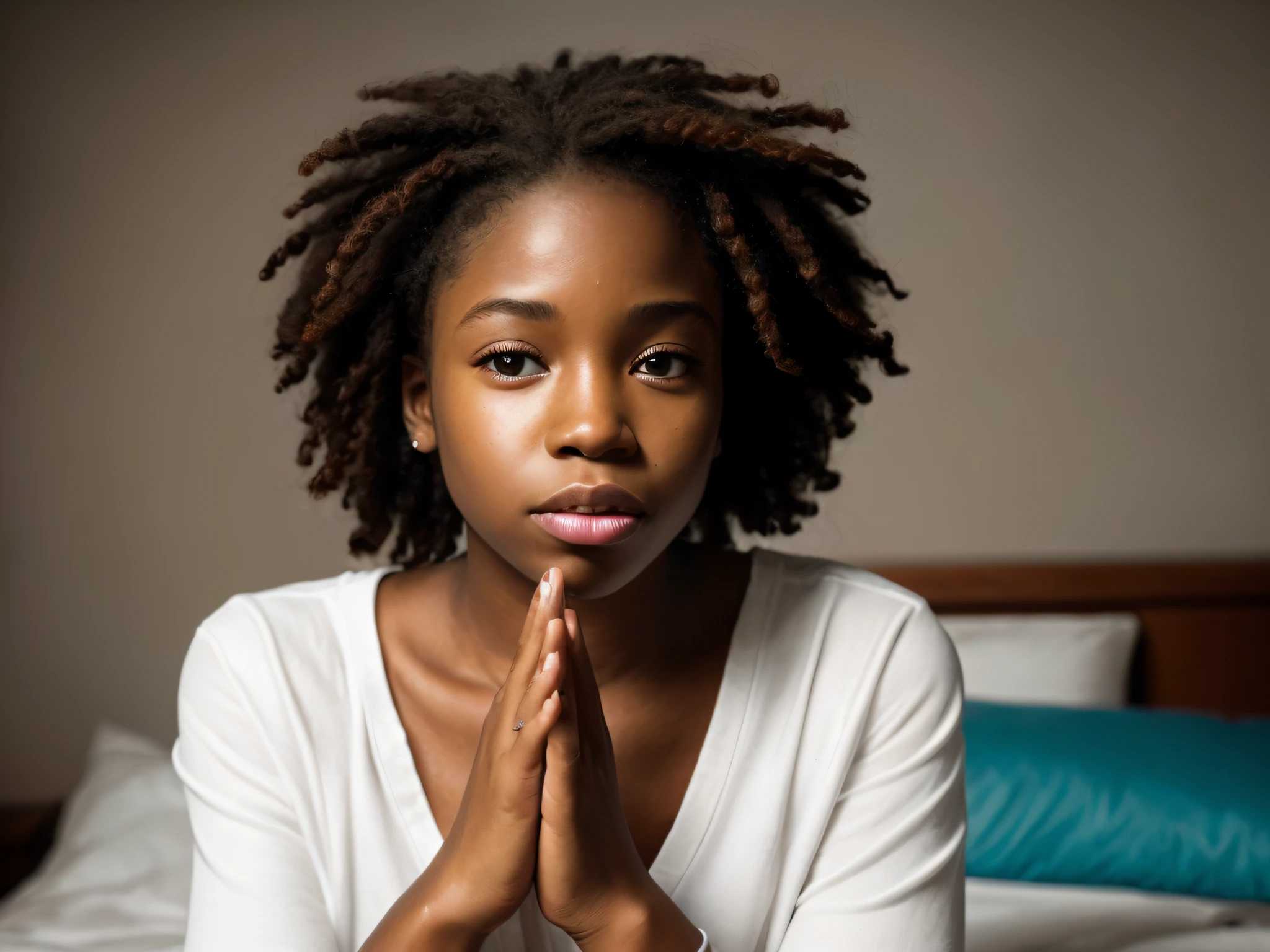 Portrait of a young woman of 18 years beautiful beautiful face perfect petit teen, she is happy, very beautiful African, praying, in bed, (private study dark, dark and grumpy light: 1.2)
