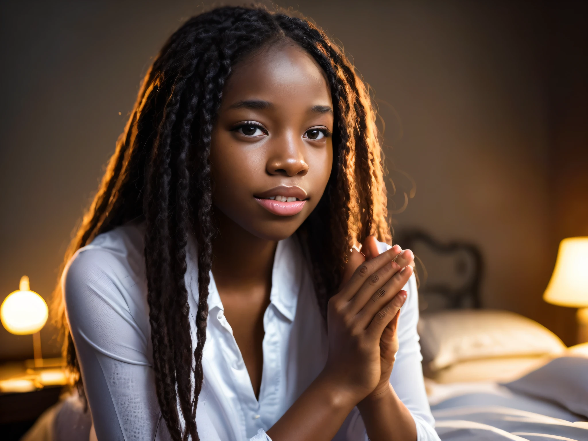 Portrait of a young woman of 18 years beautiful beautiful face perfect petit teen, she is happy, very beautiful African, praying, in bed, (private study dark, dark and grumpy light: 1.2)