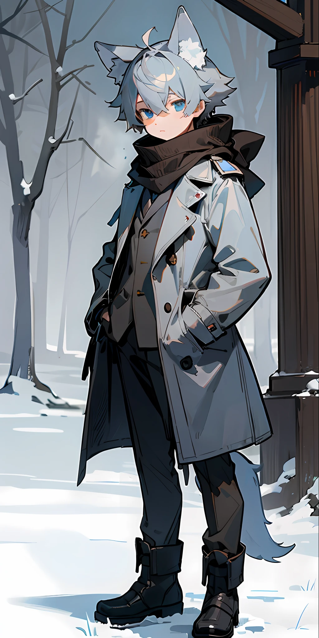 1boy, a, (HD quality, masterpiece level), fresh and cold teenage characters, wolf ears and wolf tail highlight the character's sense of belonging, blue eyes and dark gray hair echo each other, the clean lines of the white-gray military trench coat show the character's modesty and confidence, brown scarf and black boots are rigid and soft, as if ready to go. The whole picture is simple and atmospheric, and the high and cold temperament is respectful. No background, white screen, slightly toned, HD, masterpiece, white background, dark gray hair, blue eyes, (wolf ears), (wolf tail), slim white gray military trench coat, no hood, brown scarf, black boots, one tail, little boy, hidden ears