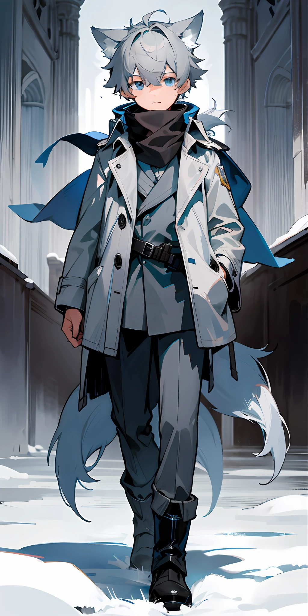 1boy, a, (HD quality, masterpiece level), fresh and cold teenage characters, wolf ears and wolf tail highlight the character's sense of belonging, blue eyes and dark gray hair echo each other, the clean lines of the white-gray military trench coat show the character's modesty and confidence, brown scarf and black boots are rigid and soft, as if ready to go. The whole picture is simple and atmospheric, and the high and cold temperament is respectful. No background, white screen, slightly toned, HD, masterpiece, white background, dark gray hair, blue eyes, (wolf ears), (wolf tail), slim white gray military trench coat, no hood, brown scarf, black boots, one tail, little boy, hidden ears