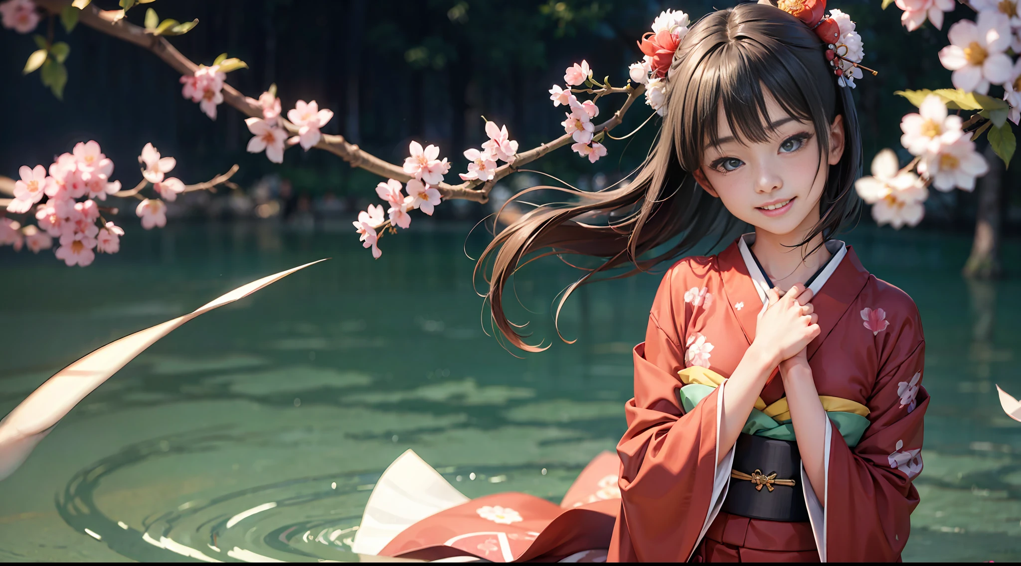 one japanese girl,Japanese kimono, long legs, (realism: 1.4), facing the camera, smiling,aqua eyes, grin, floating hair, close-up，4K,Realistic lighting, ultra high-definition, shadows, blurred background, clean,3d.