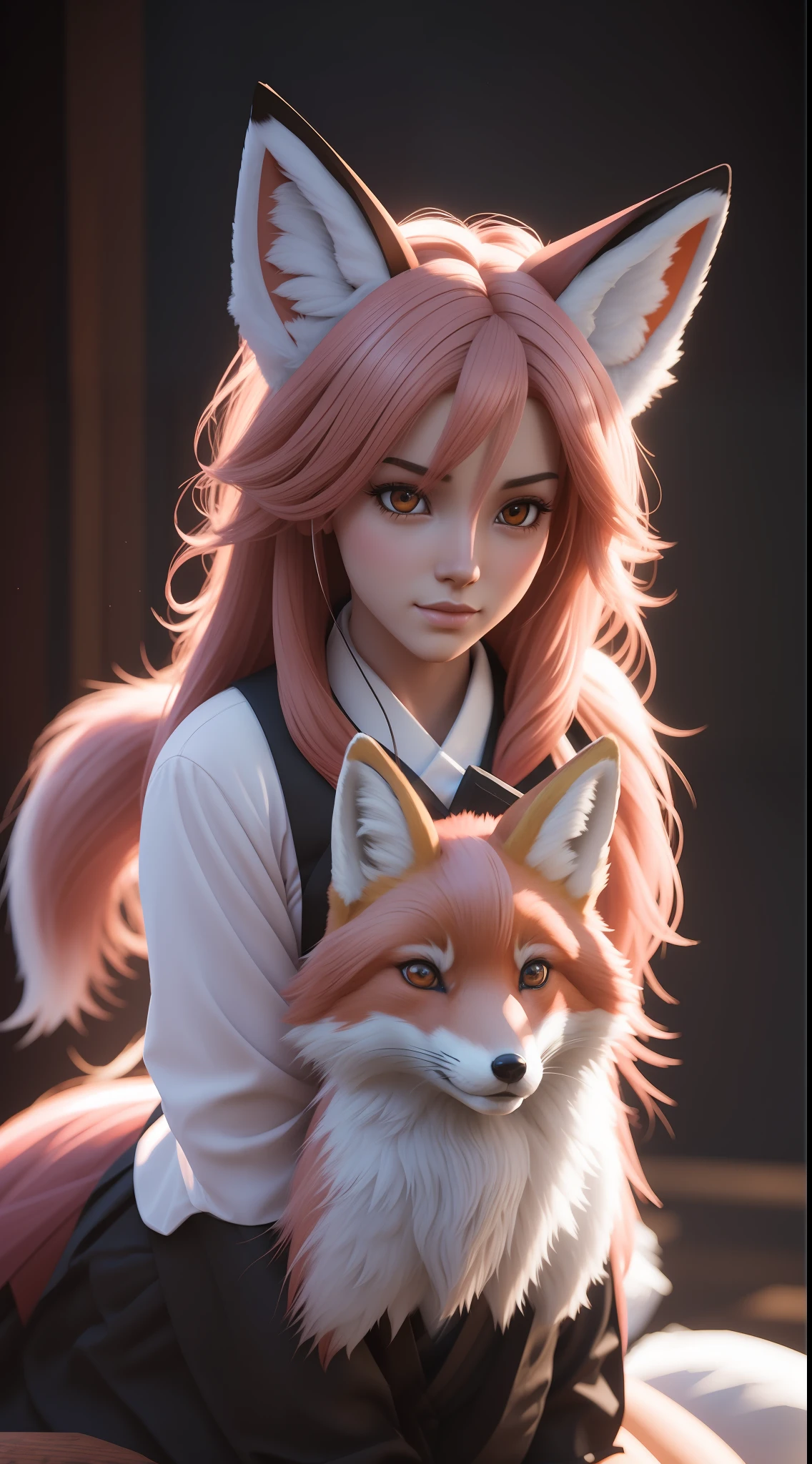 Beautiful girl with sitting next to a red Fox, wearing fox ears, schoolgirl uniform, pink hair, antique, red fox, antique japan, soji screen,1girl,1fox, photorealistic, ultrarealistic, best quality, award winning portrait, wallpaper, best composition, intricate details, rule of third, professionnal color grading, raytracing, soft lights, deep shadows, soft shadows, octane render, 3d render, amazing amount of details, cinematic lighting, volumetric lighting, volumetric fog, full body