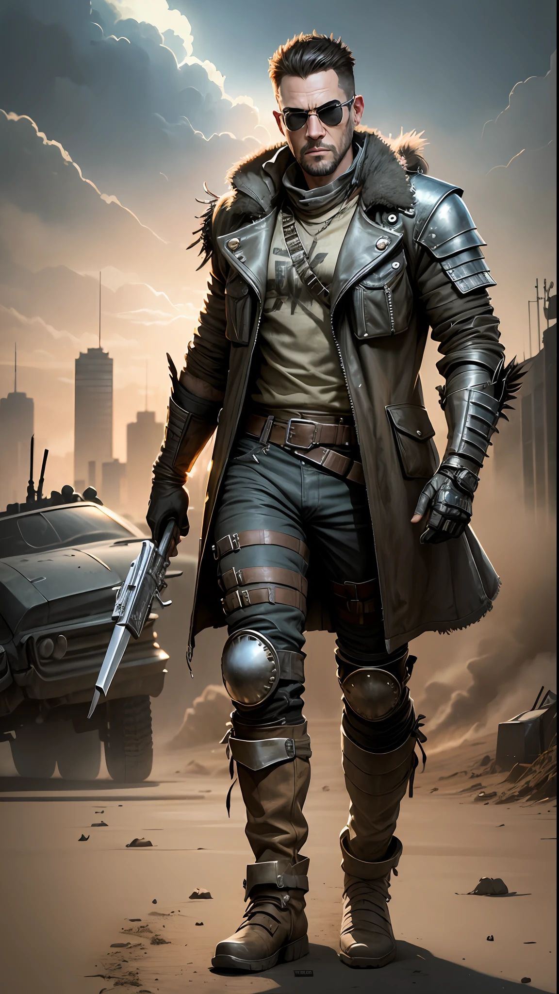 A cool guy wearing jacket and light armor, in mad max style, full body shot --auto --s2
