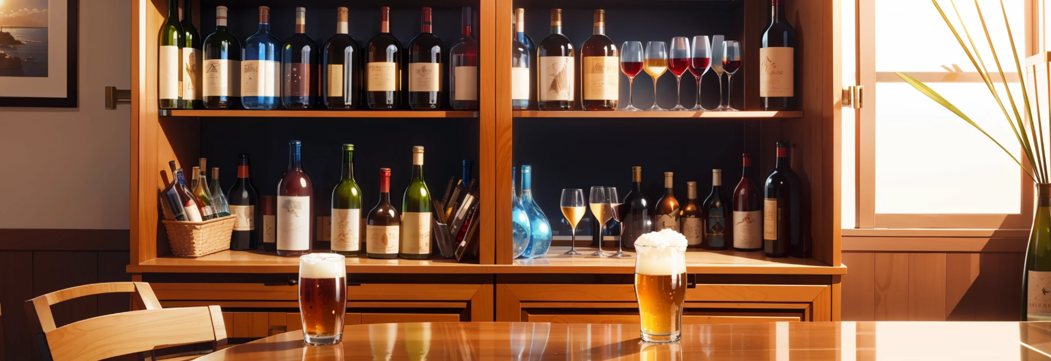 Wine cabinet, drinks, cool, cool, clean glasses, summer wallpapers, beer, wine, drinks, air conditioning, blue sky, hot weather, HD detail, wet watermark, hyperdetail, film, hyperrealism, soft light, deep caustic, ray tracing and hyperrealism. --v6
