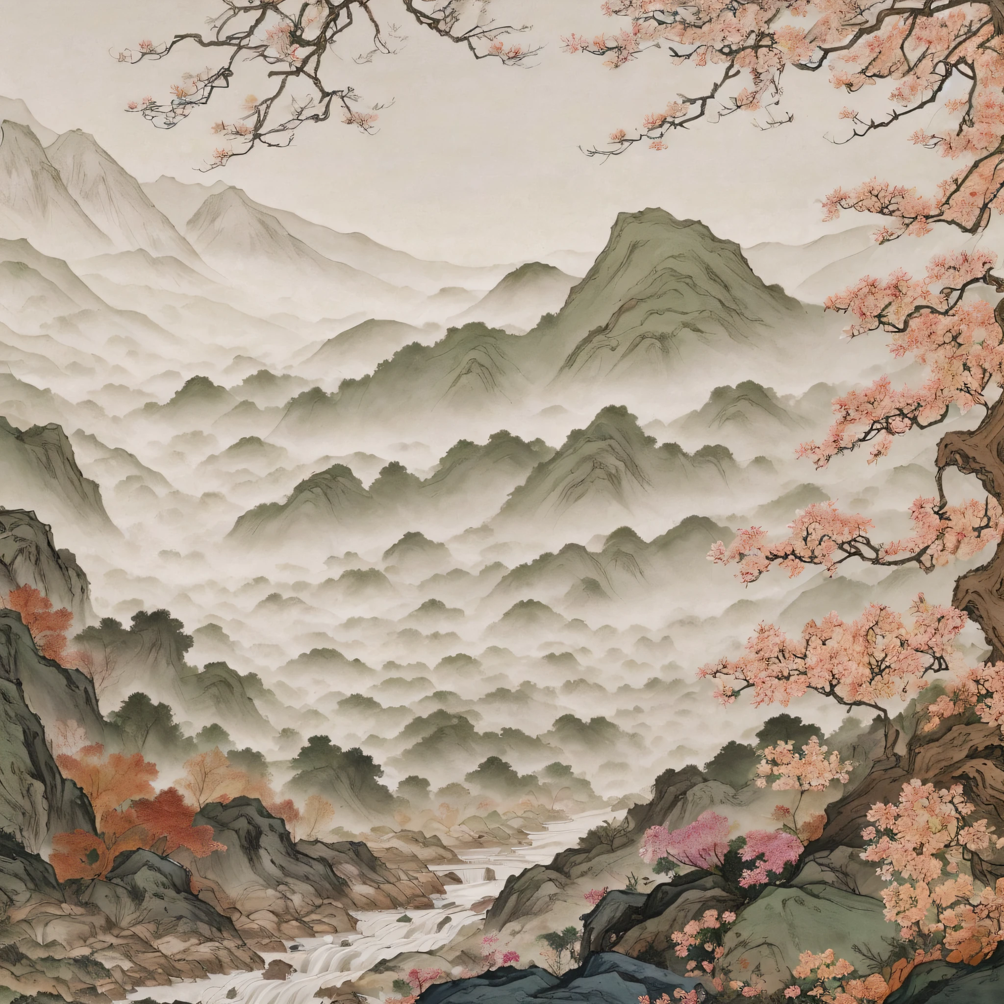 Masterpiece, Superb Piece, (((no_humans))), Solo, Chinese Painting, Gorgeous, Pure, Colorful, Clear and Sharp Focus, Instagram Most Watched, Conceptual Artist, Mountains, Trees, Depth of Field, Flowers, Shrubs, Running Water, Mist